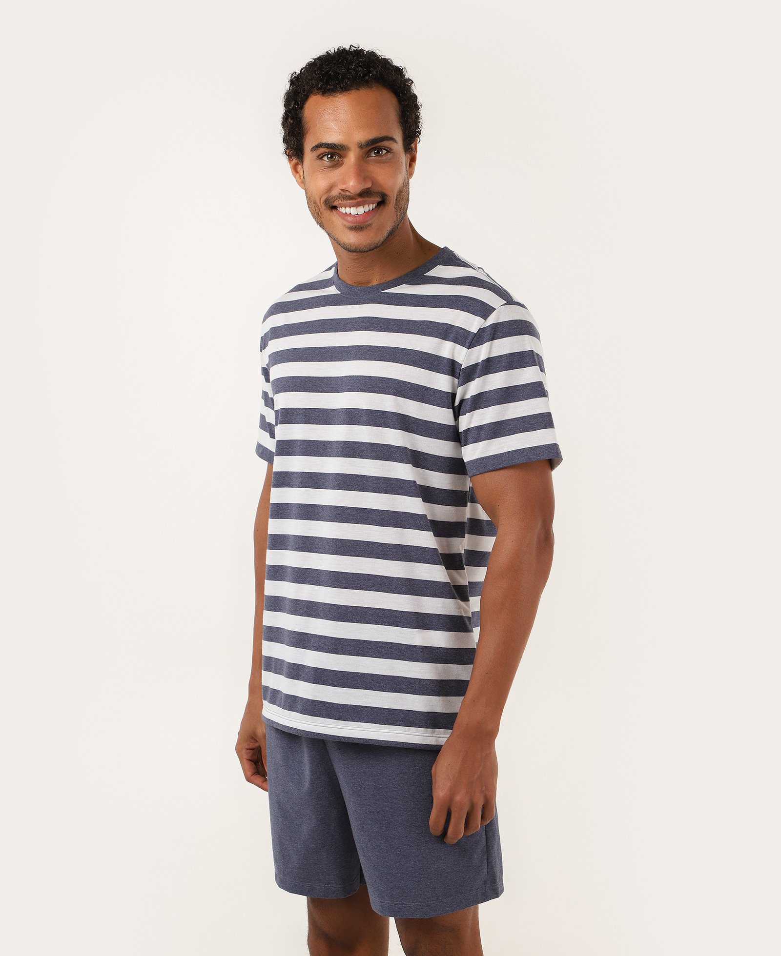 Pijama curto masculino mescla listrada azul | Riachuelo