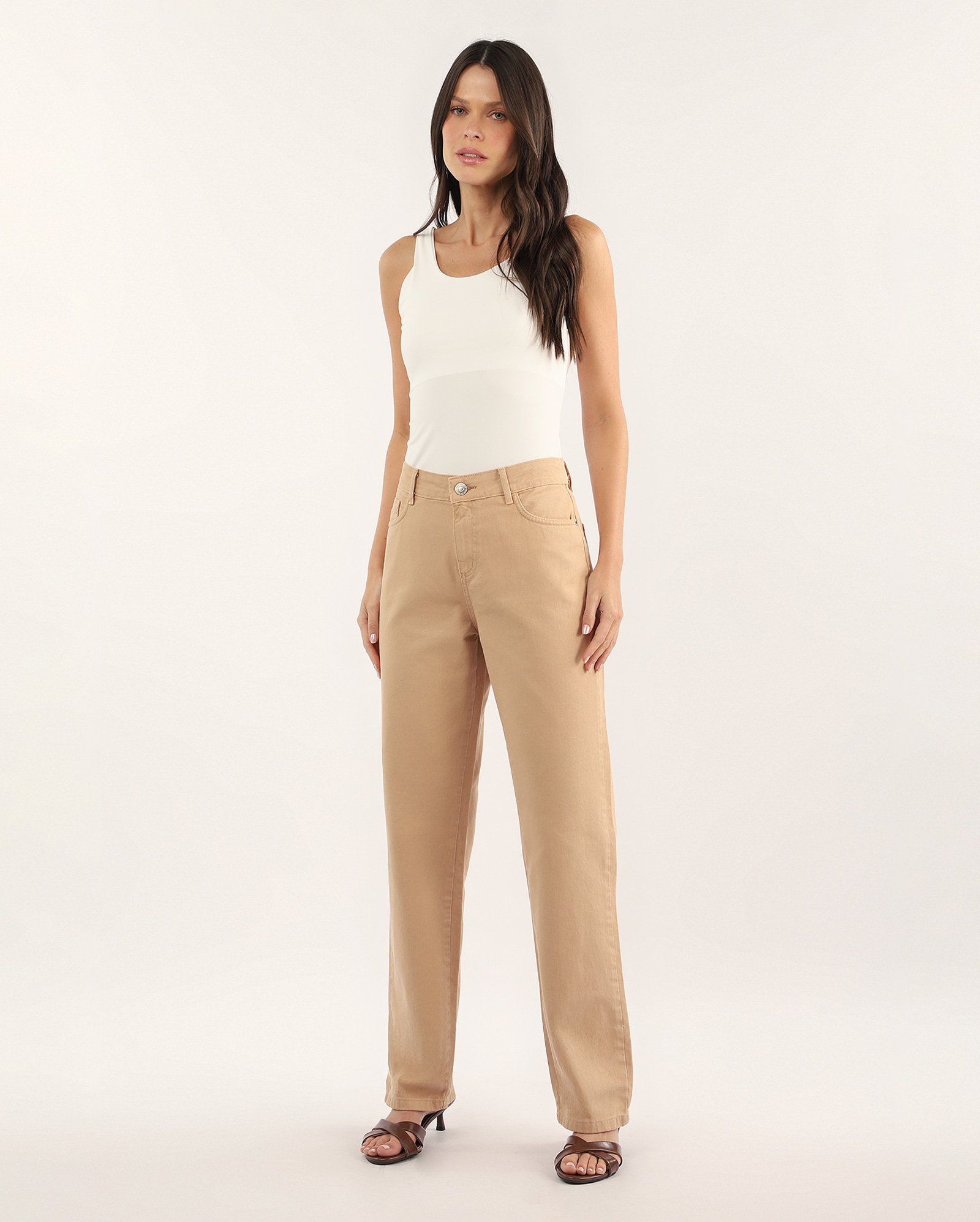 Calça sarja feminina reta 90's bege | Pool Jeans