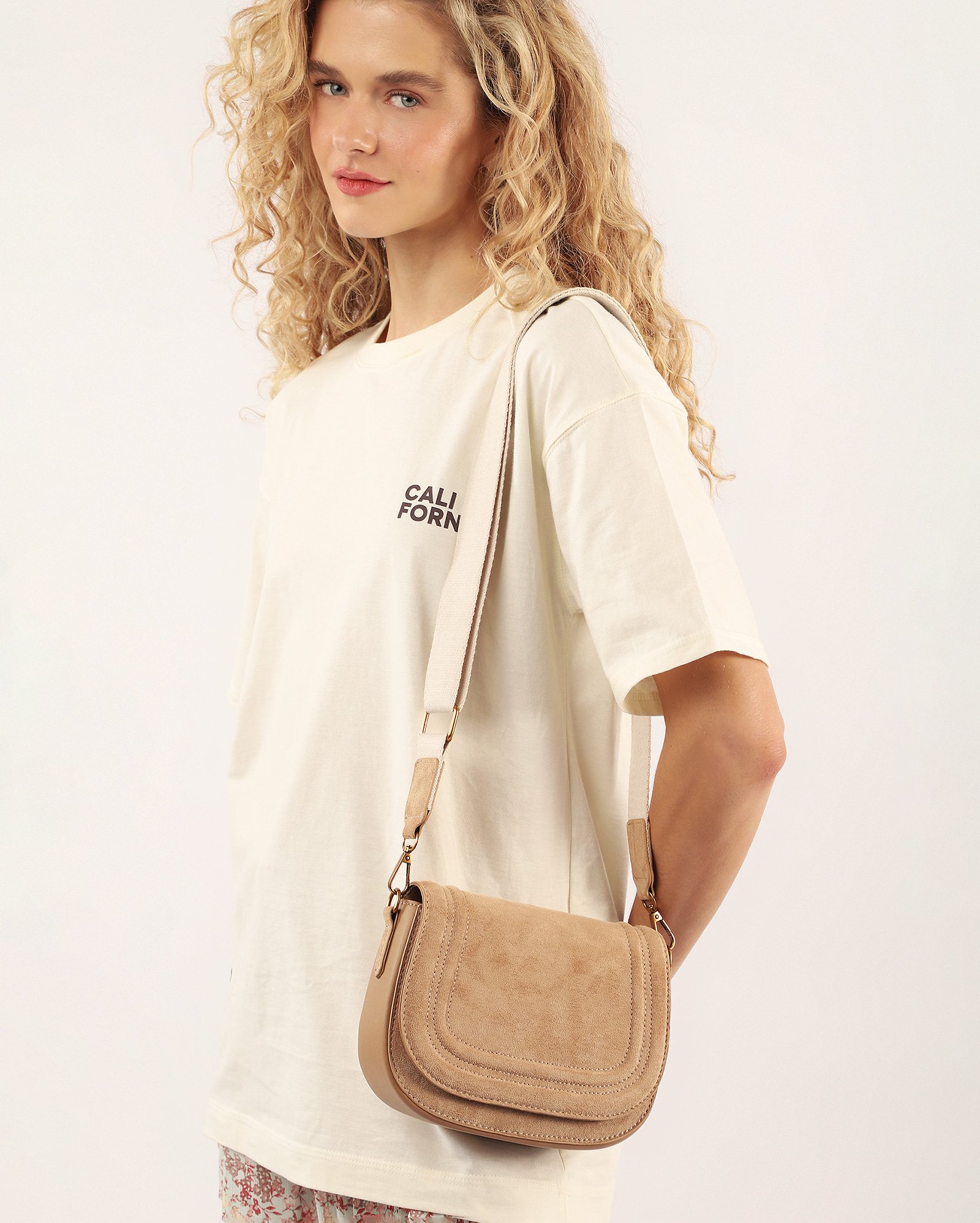 Bolsa feminina M suede alça longa bege