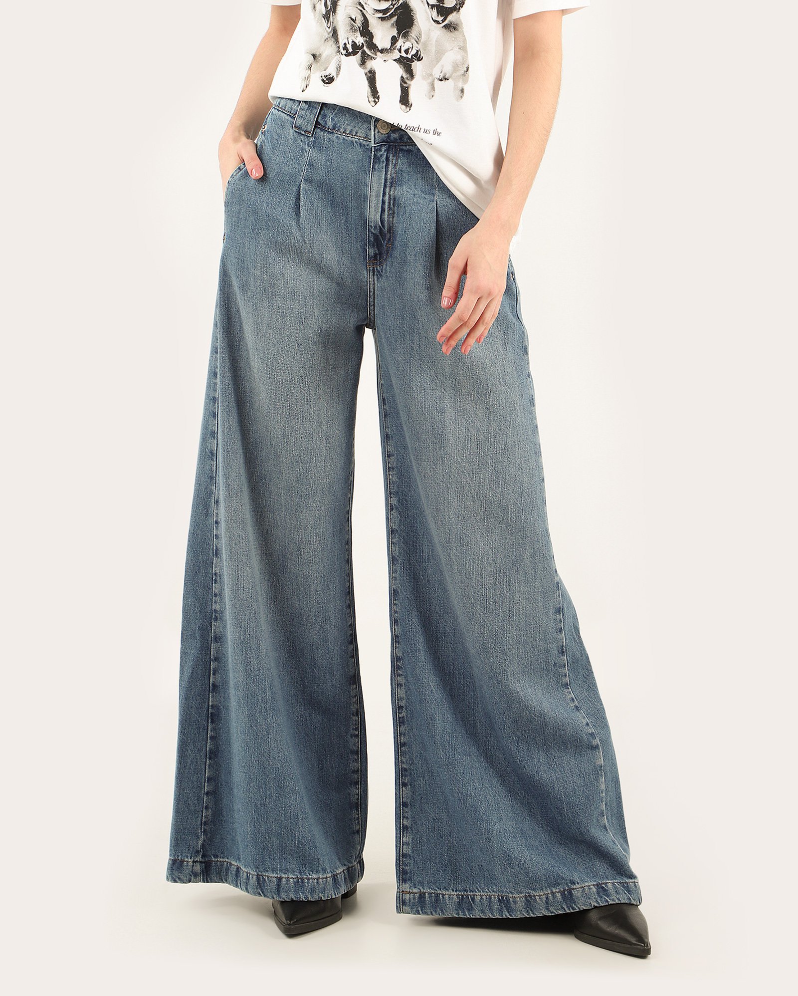 Calça jeans feminina palazzo cintura média denim médio | Pool Jeans