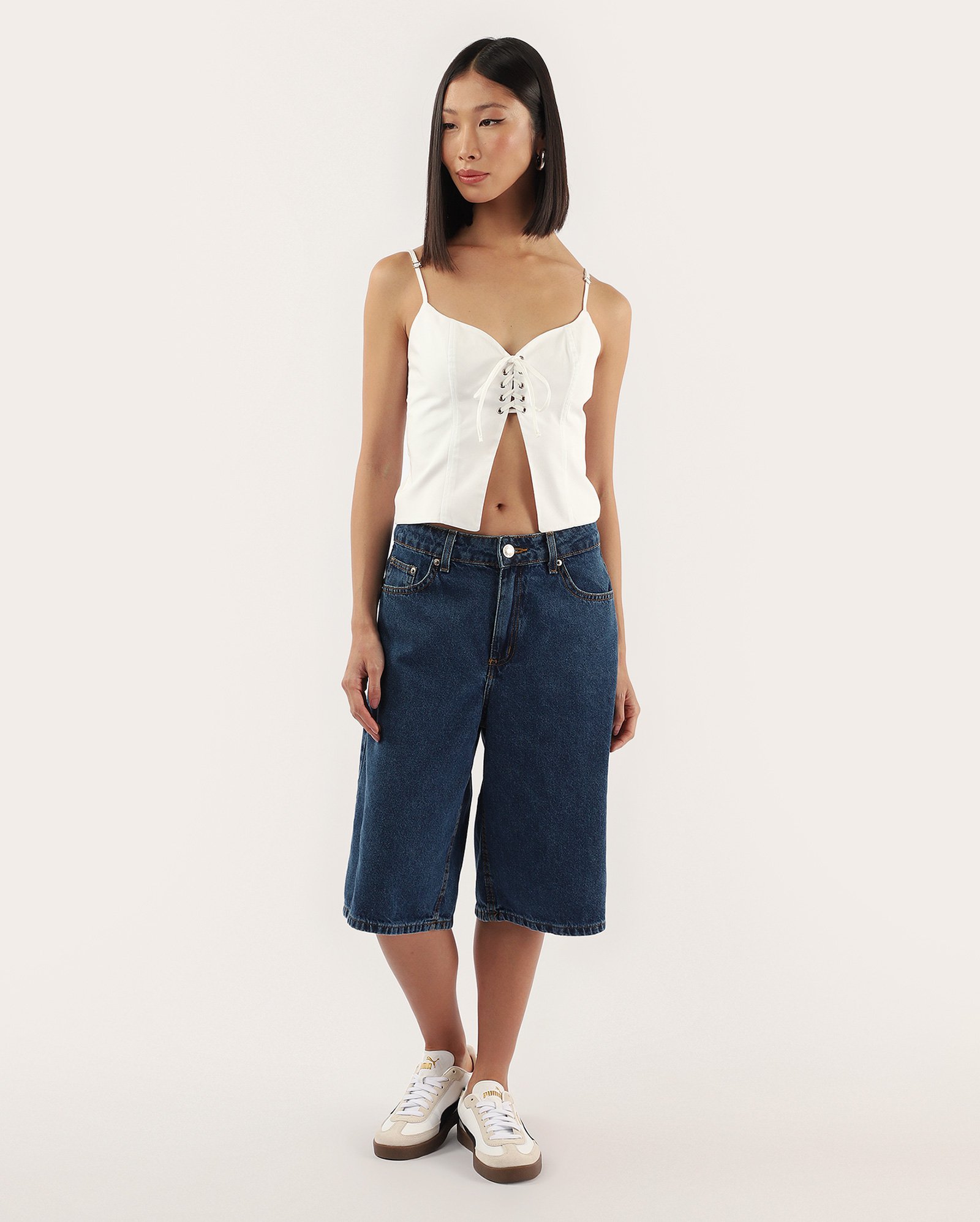 Jorts jeans feminino cintura média denim escuro | Pool Jeans