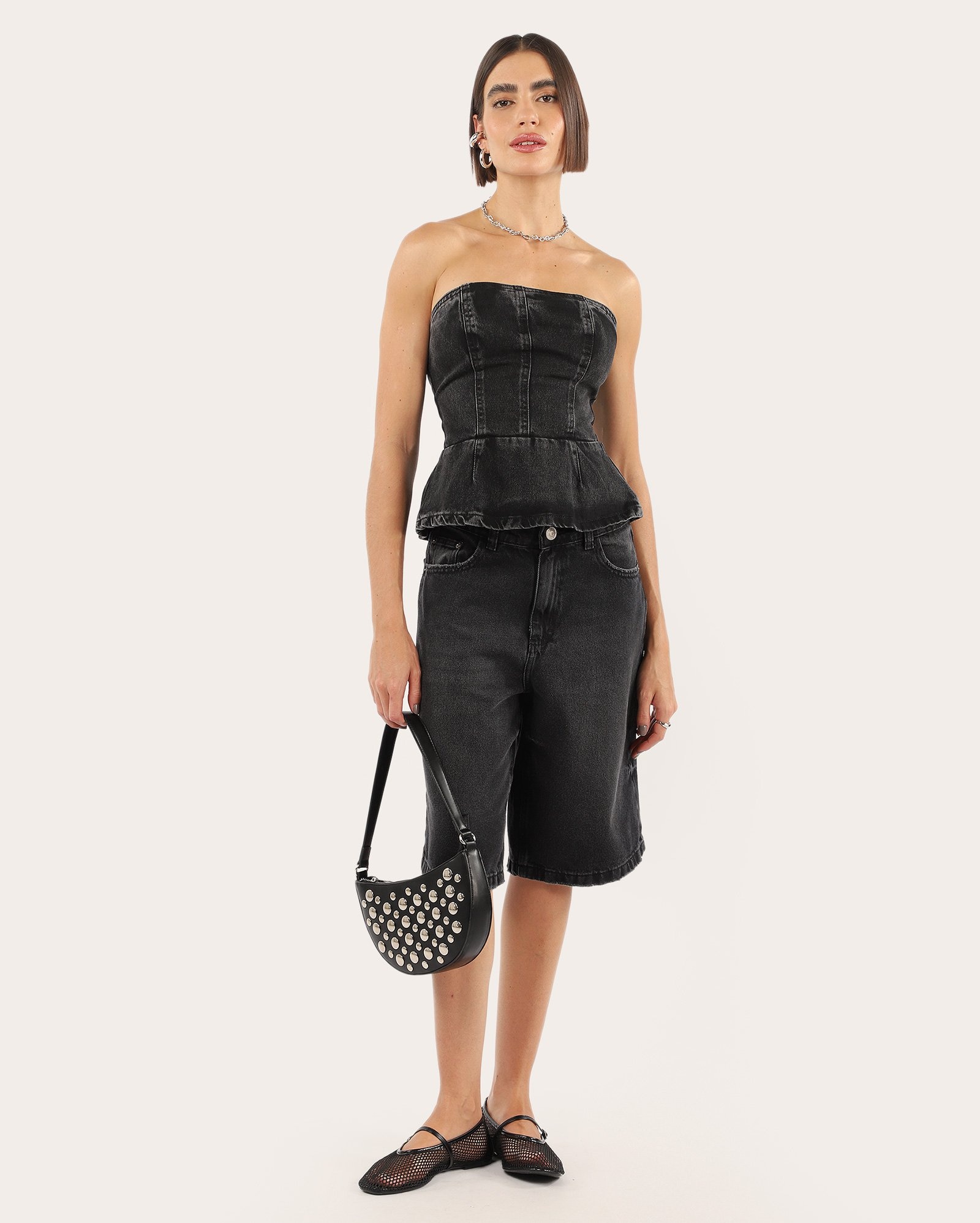Top black jeans strapless barra peplum | Pool Jeans