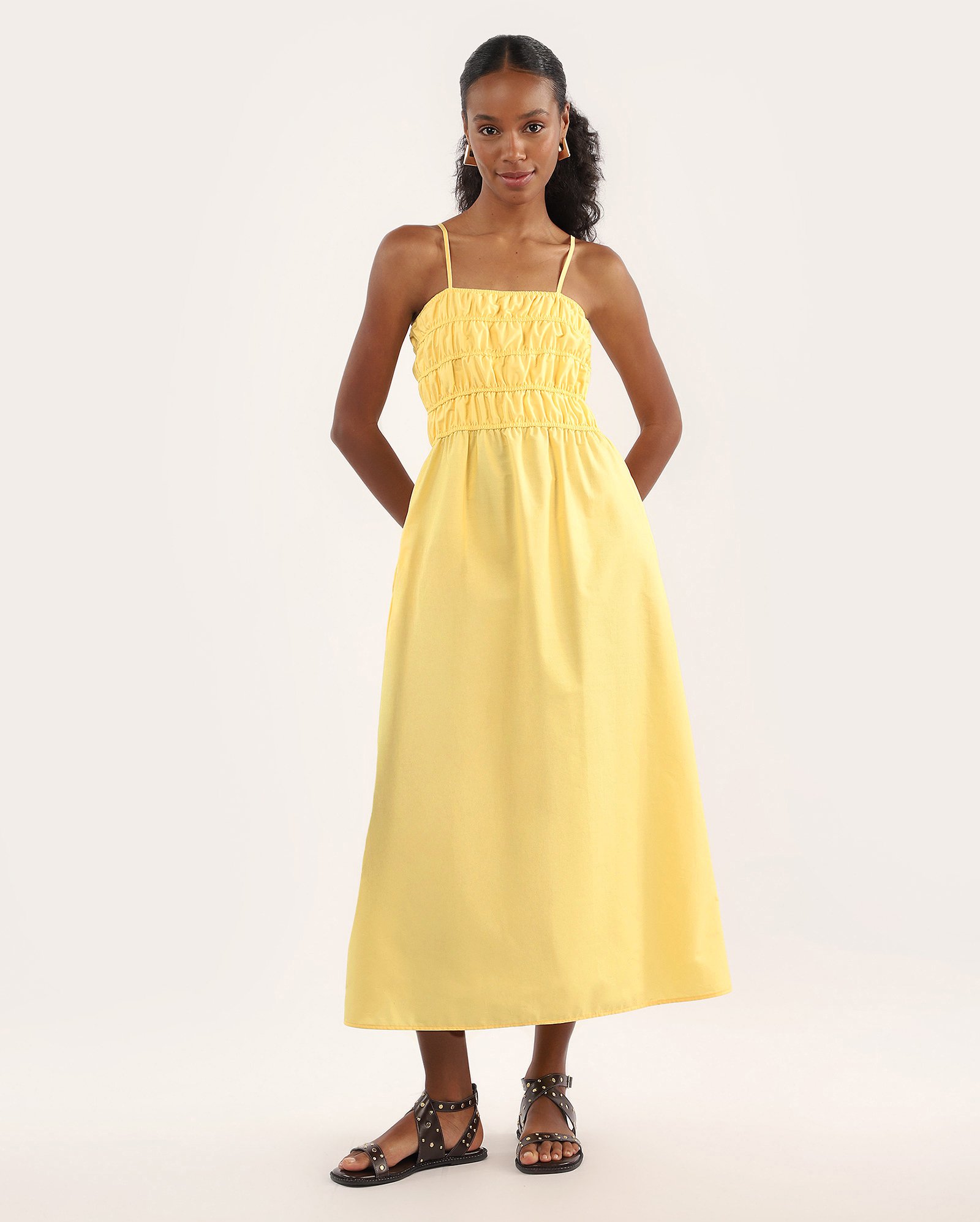 Vestido midi evasê tricoline - Amarelo Claro | Special Edition