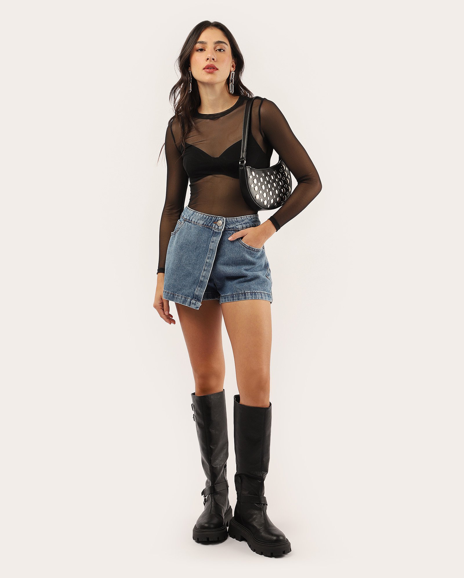 Short-saia jeans transpassado com botão denim médio | Pool Jeans