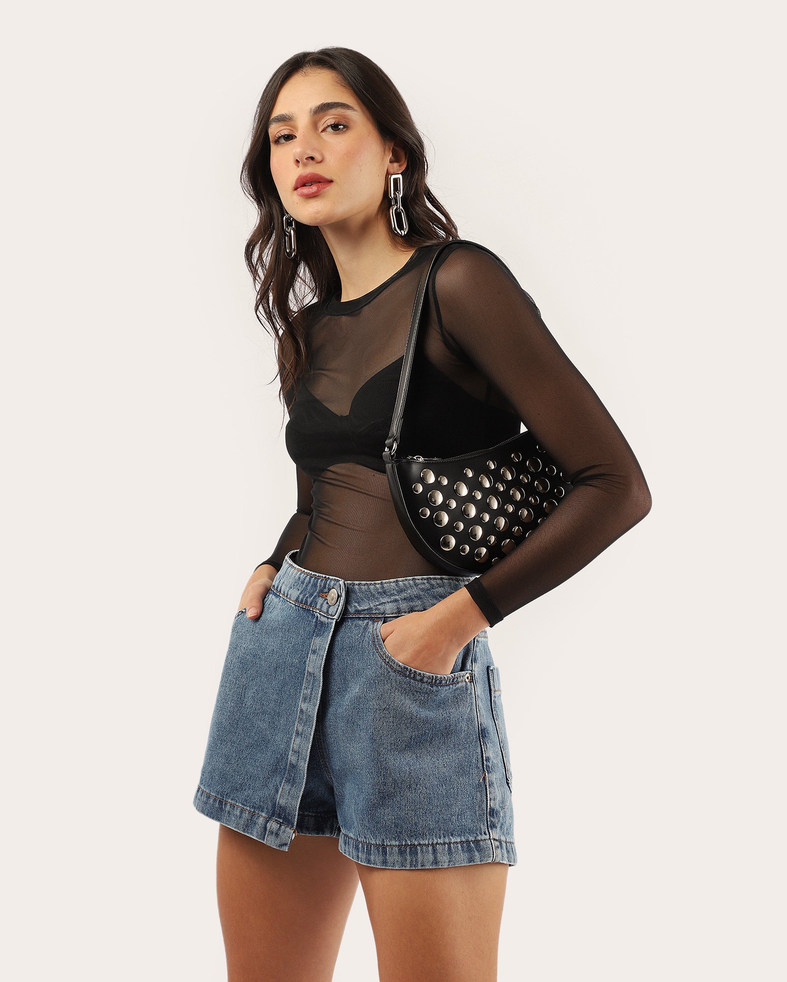 Short-saia jeans transpassado com botão denim médio | Pool Jeans