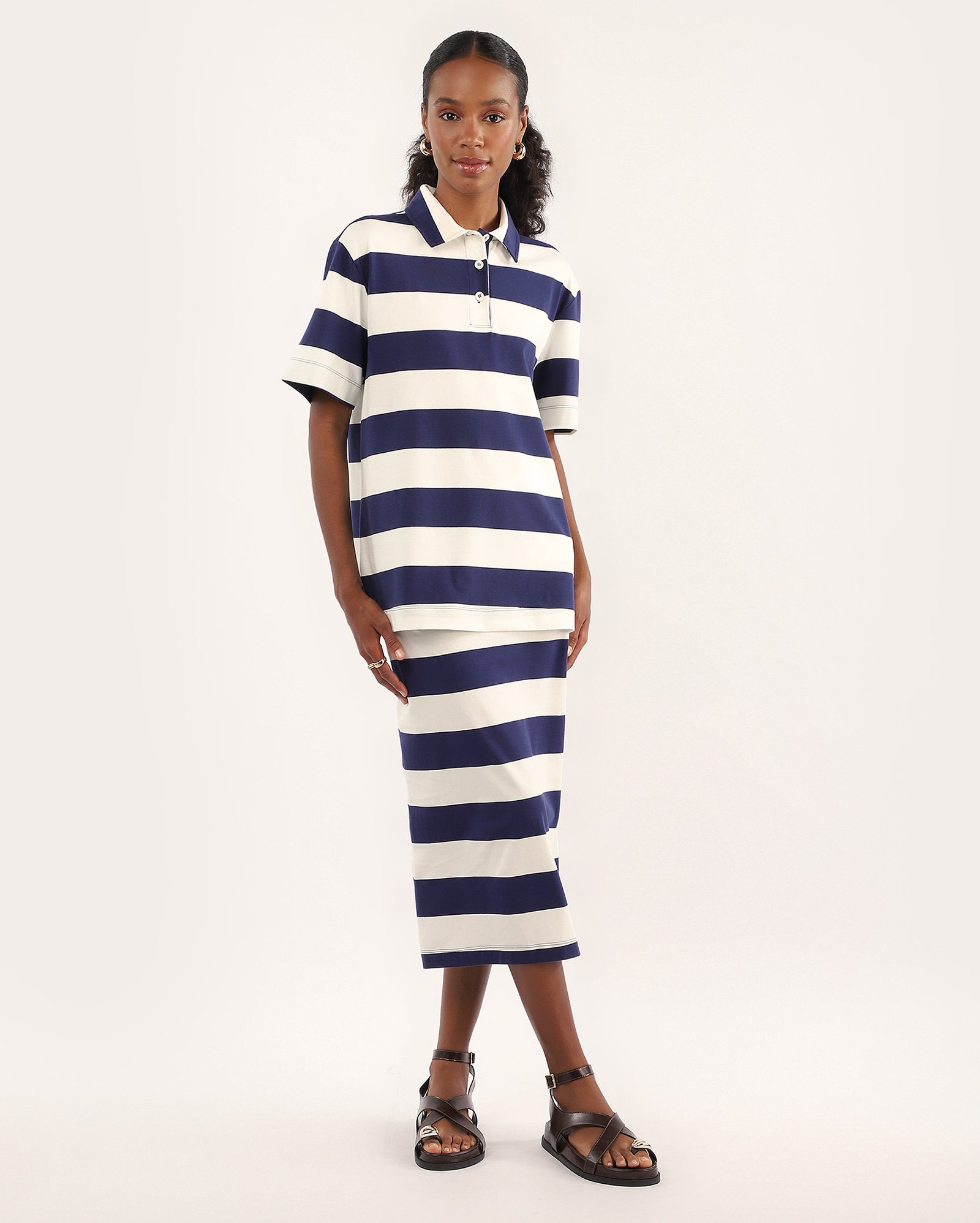 Camisa polo feminina oversized listrada branca | Special Edition