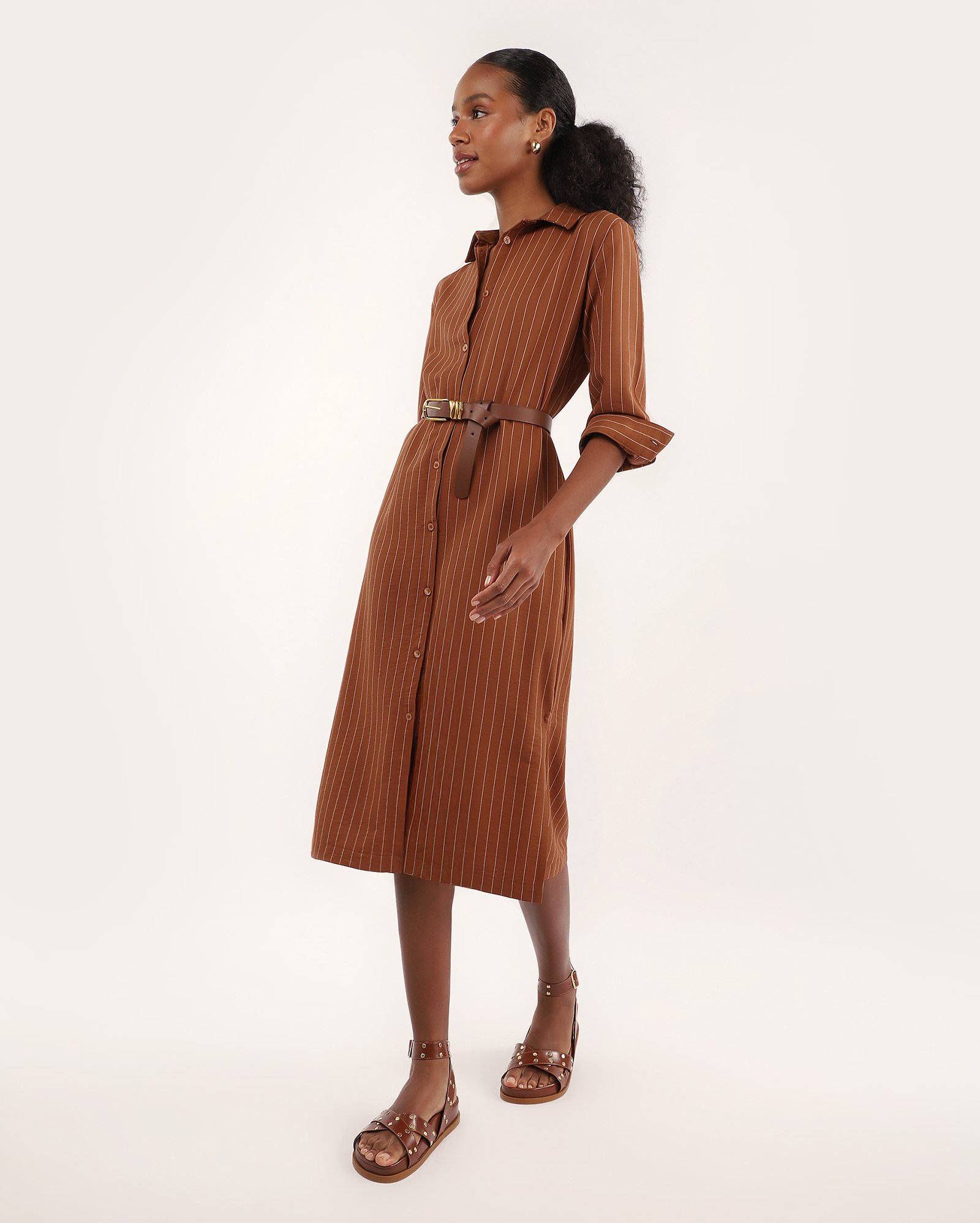 Chemise midi em viscose risca de giz marrom | Special Edition