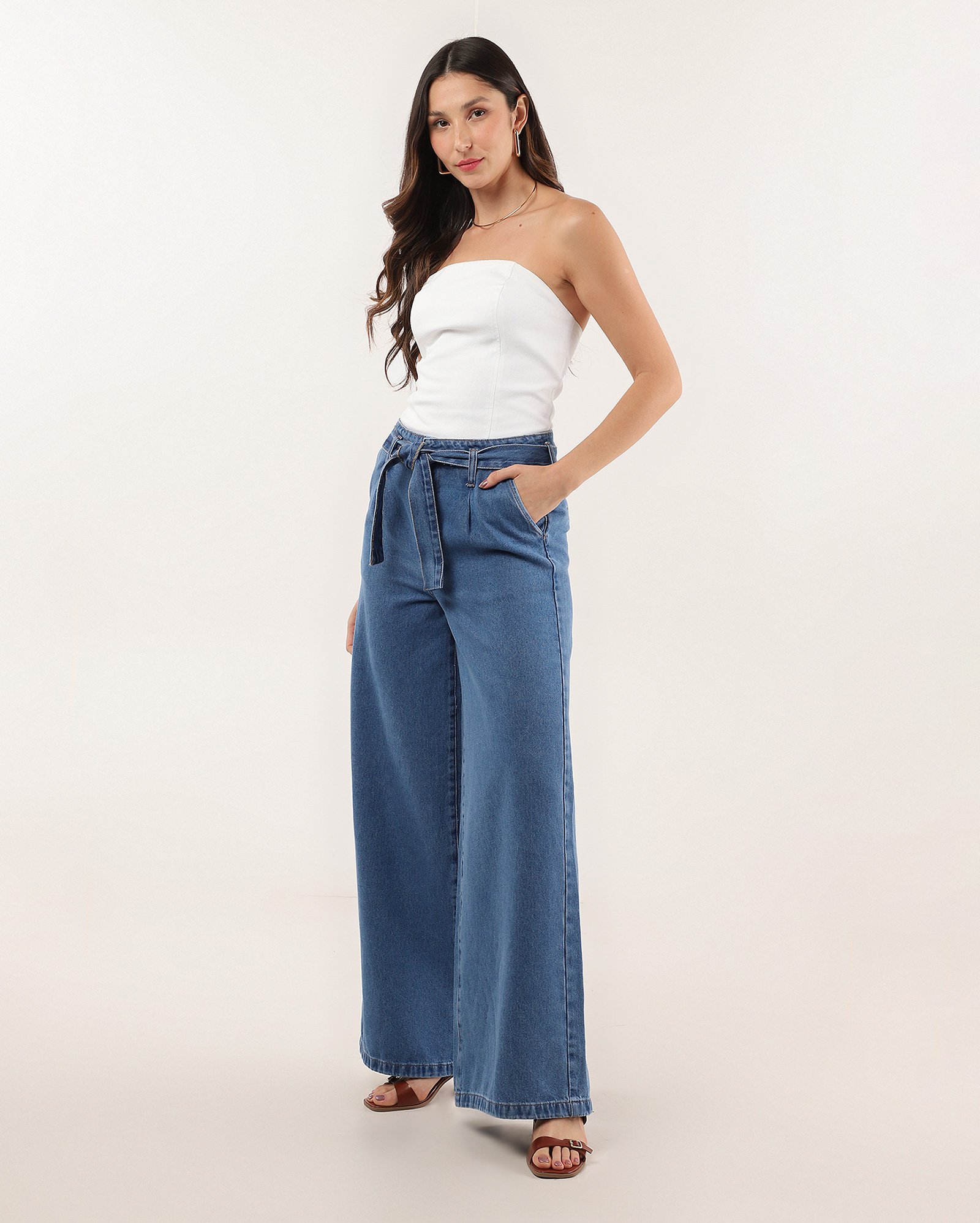 Calça jeans feminina palazzo com cinto denim médio | Pool Jeans