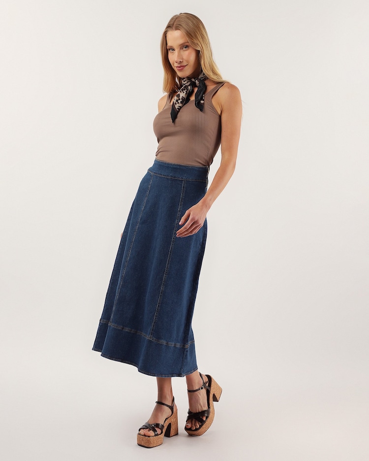 Riachuelo Saia jeans midi evasê cintura alta denim médio Pool
