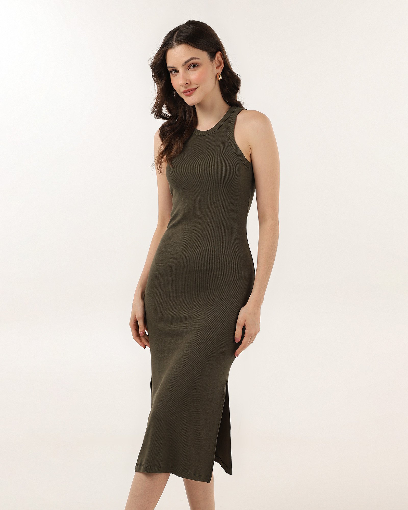 Vestido midi tubinho canelado com fendas verde | Pool Basics