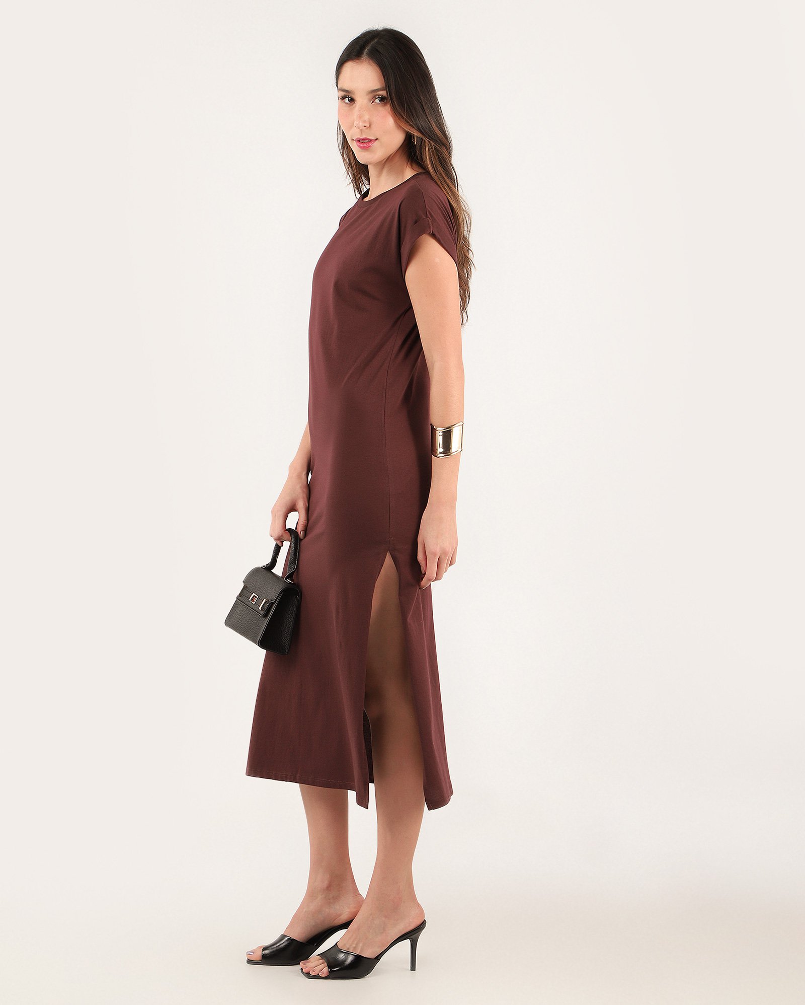 Vestido midi reto com fenda lateral vinho | Pool Basics