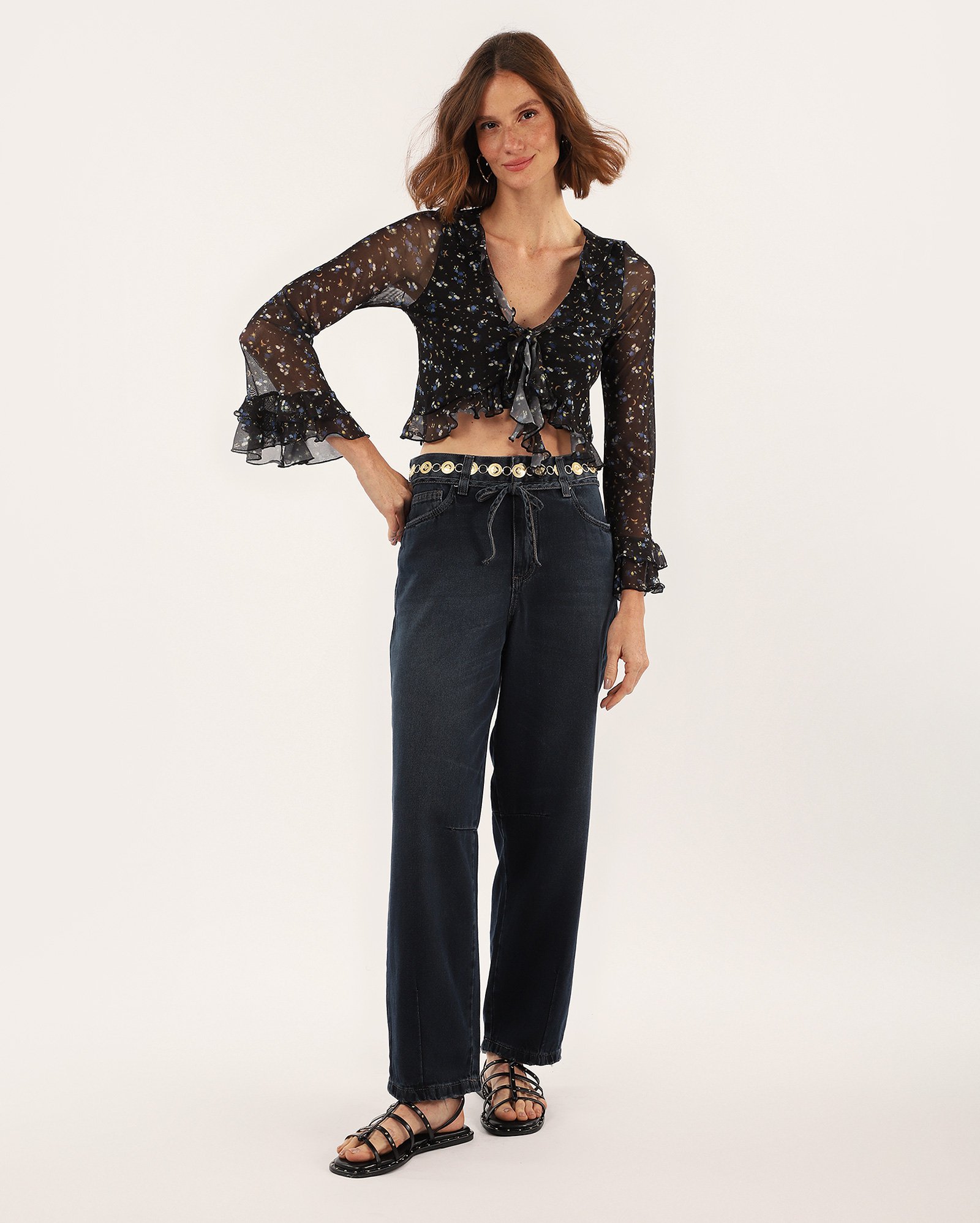 Calça jeans feminina barrel com amarração denim escuro | Pool Jeans