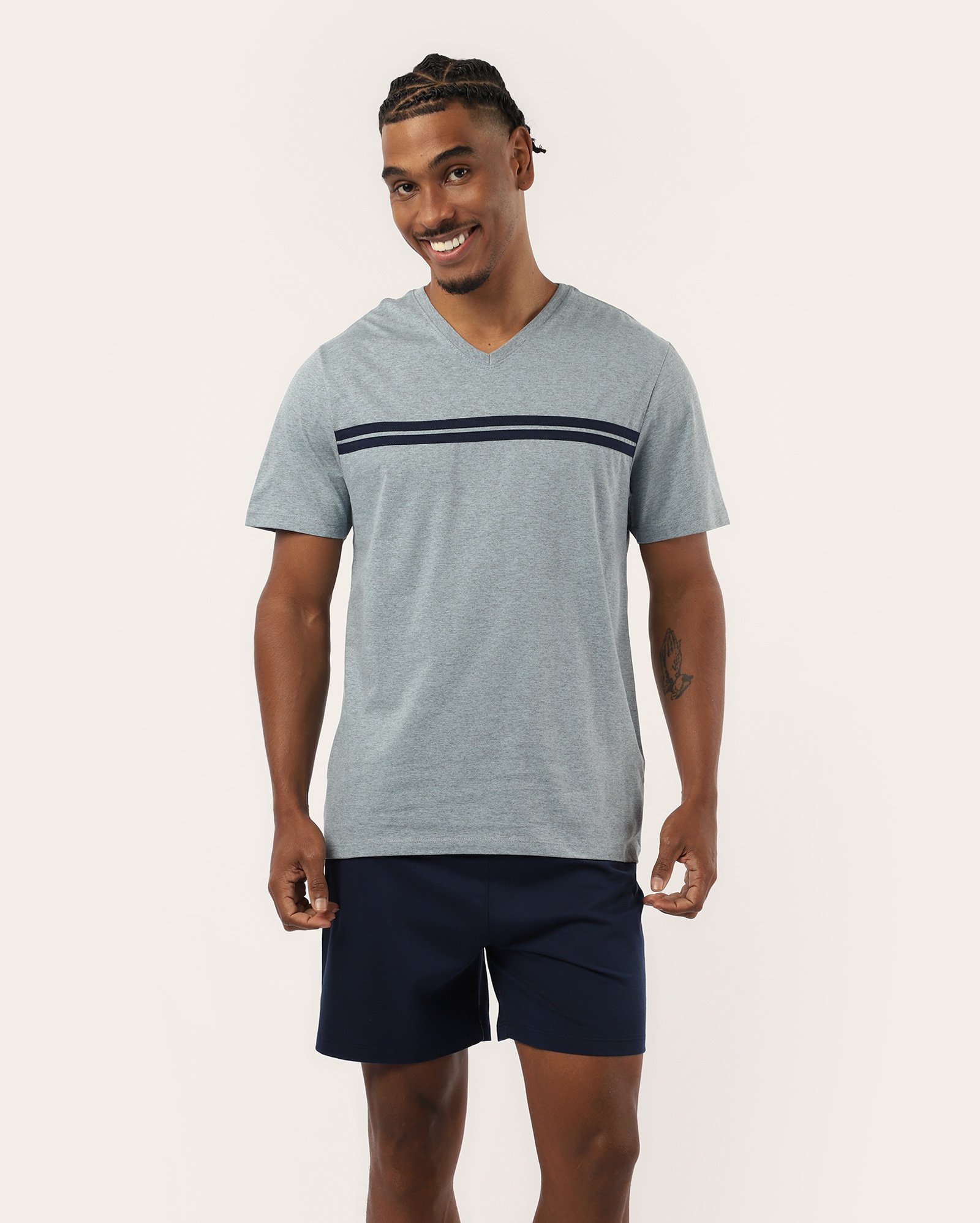 Pijama curto masculino gola v faixa dupla multicor