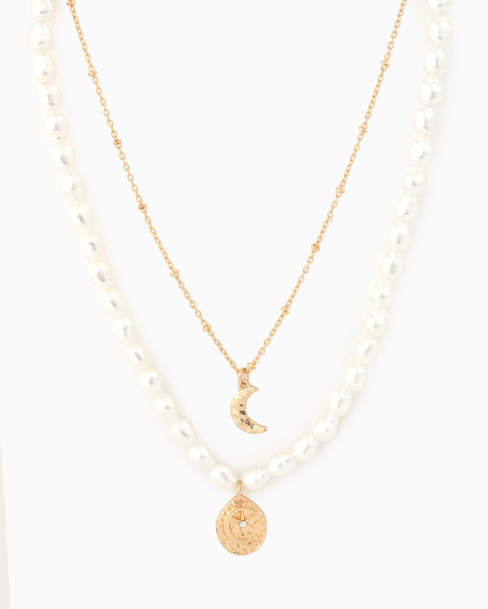 Kit colar feminino 2 peças perolado sol e lua multicor