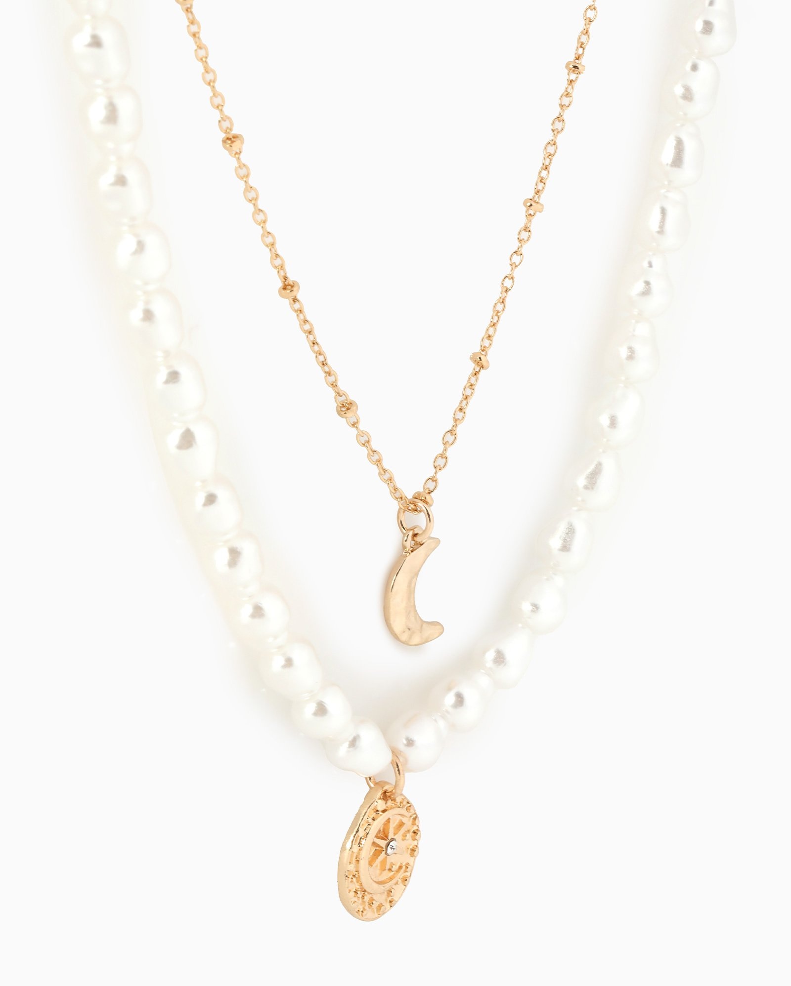 Kit colar feminino 2 peças perolado sol e lua multicor