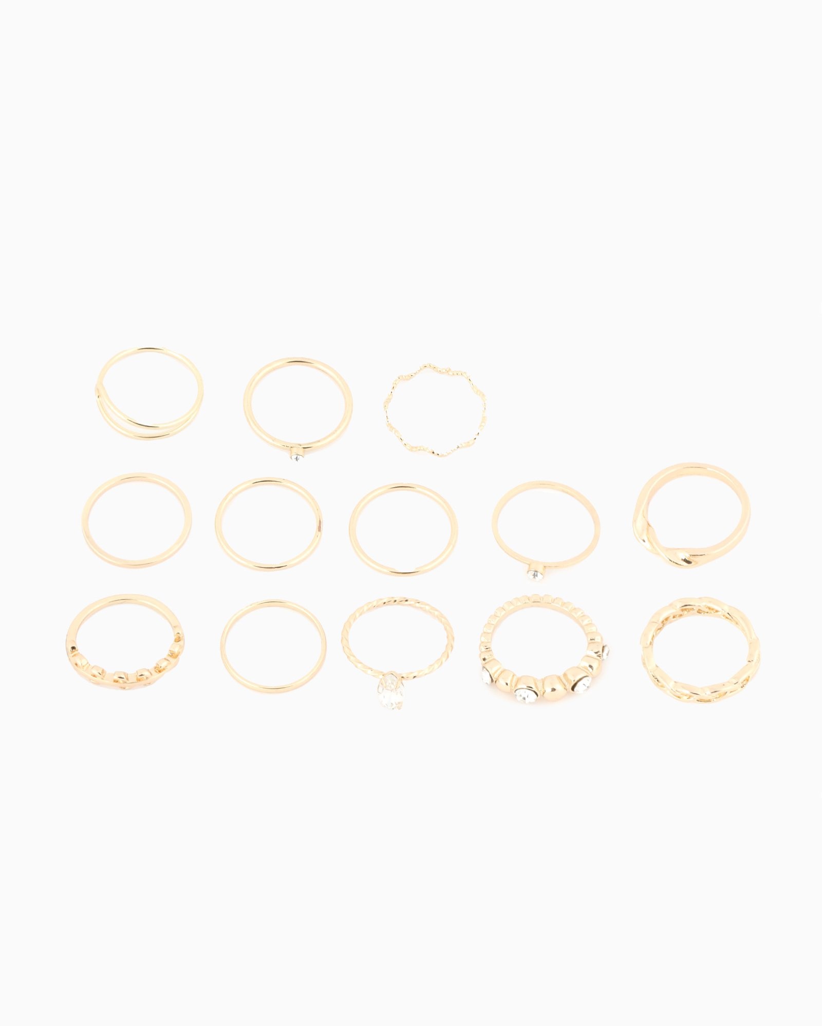 Kit anel feminino 13 peças torcido e com pedraria dourado