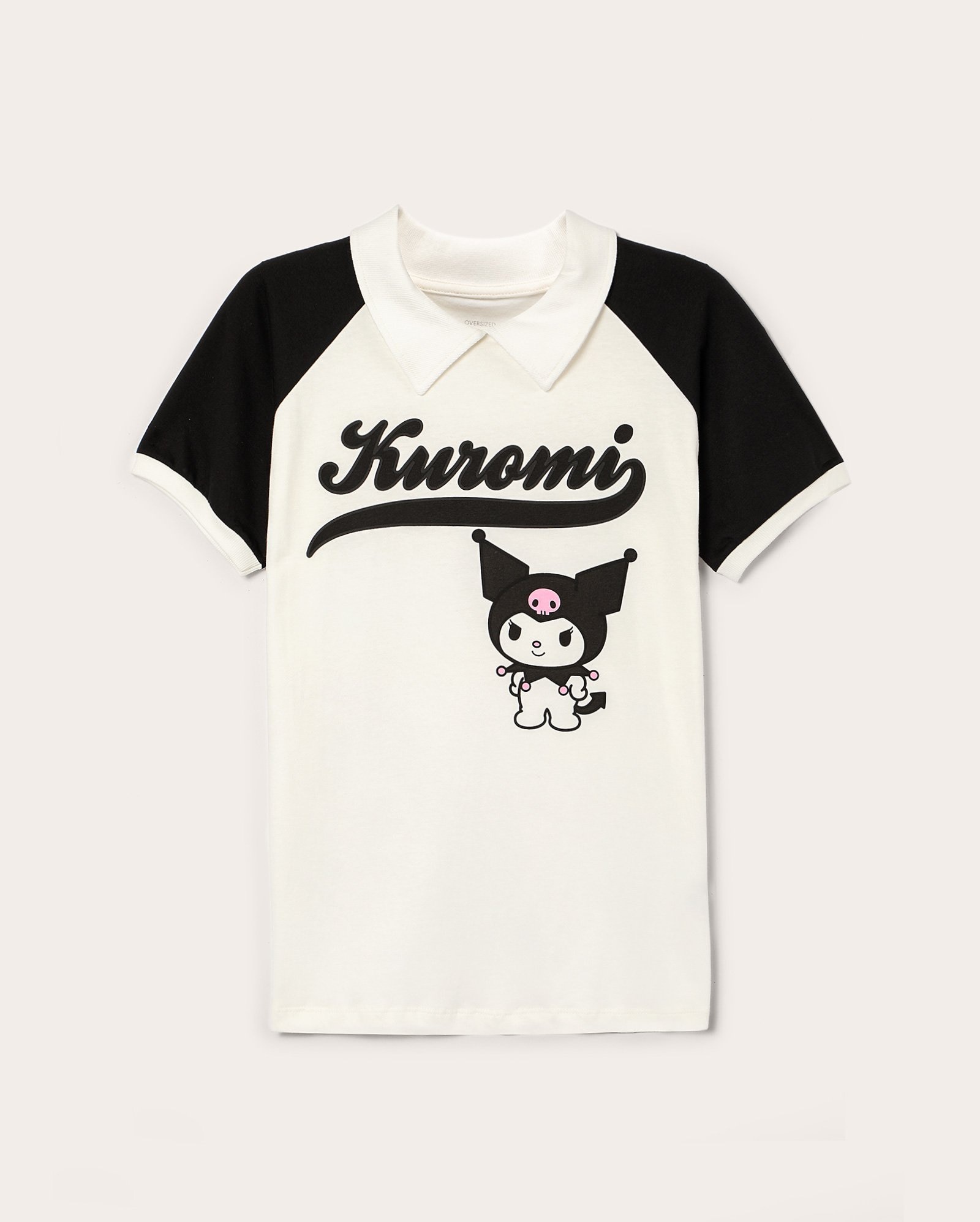 Camisa polo juvenil oversized Kuromi raglan branca | Sanrio