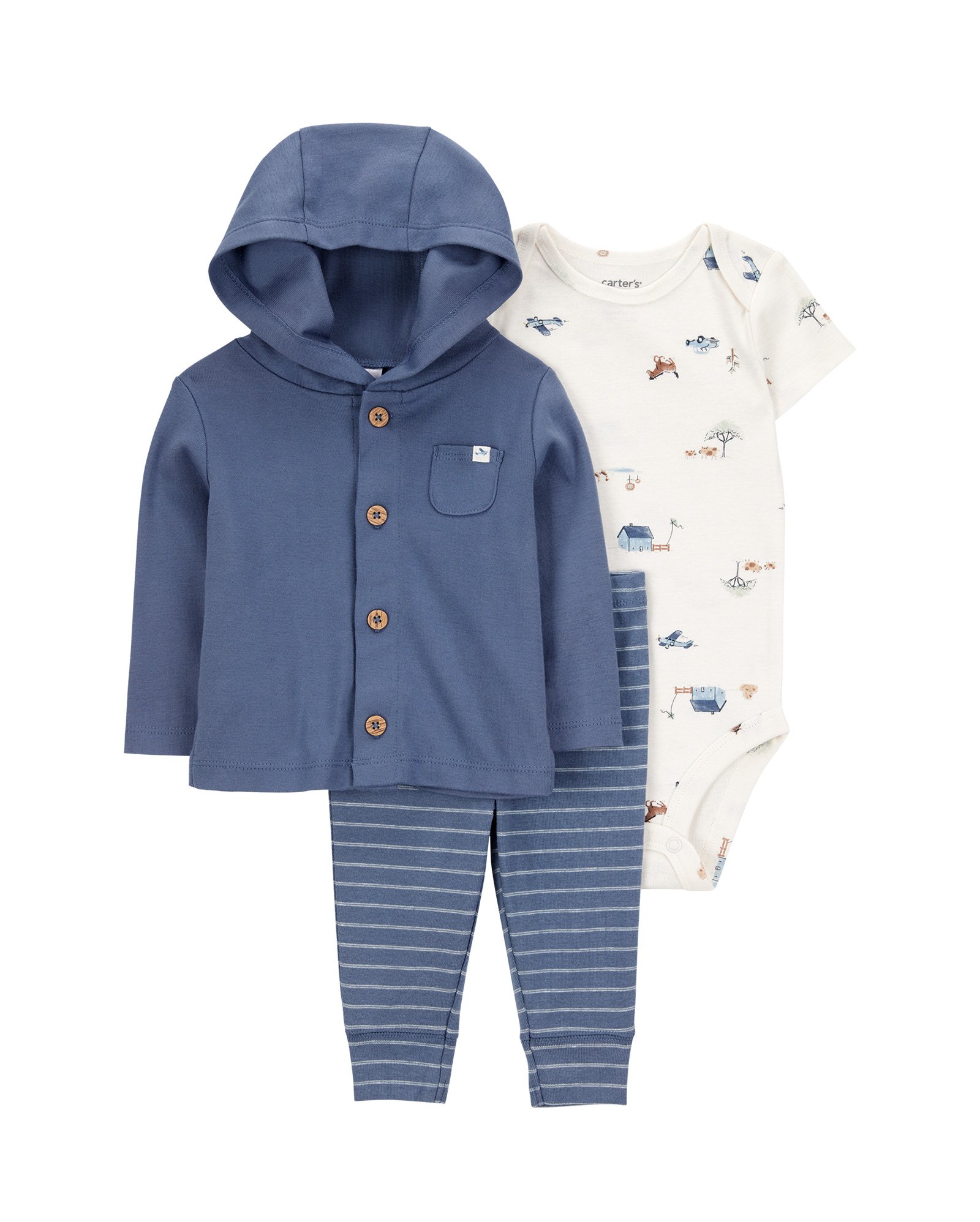 Conjunto longo bebê 3 peças com capuz e bolso multicor | Carter's