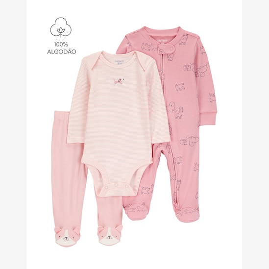 Conjunto longo bebê 3 peças listras cachorrinhos multicor | Carter's