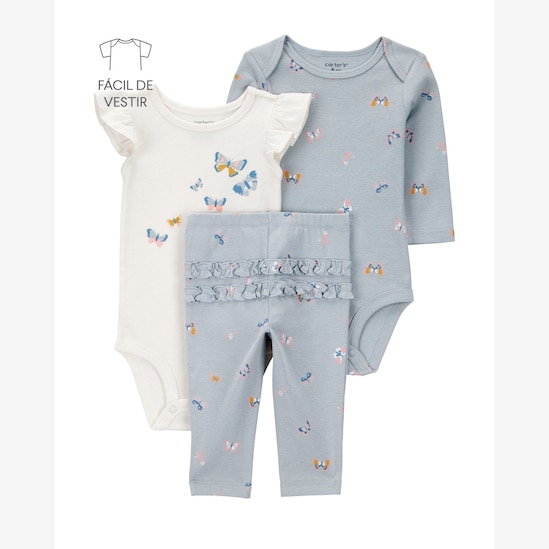 Conjunto longo bebê 3 peças borboletas babados multicor | Carter's