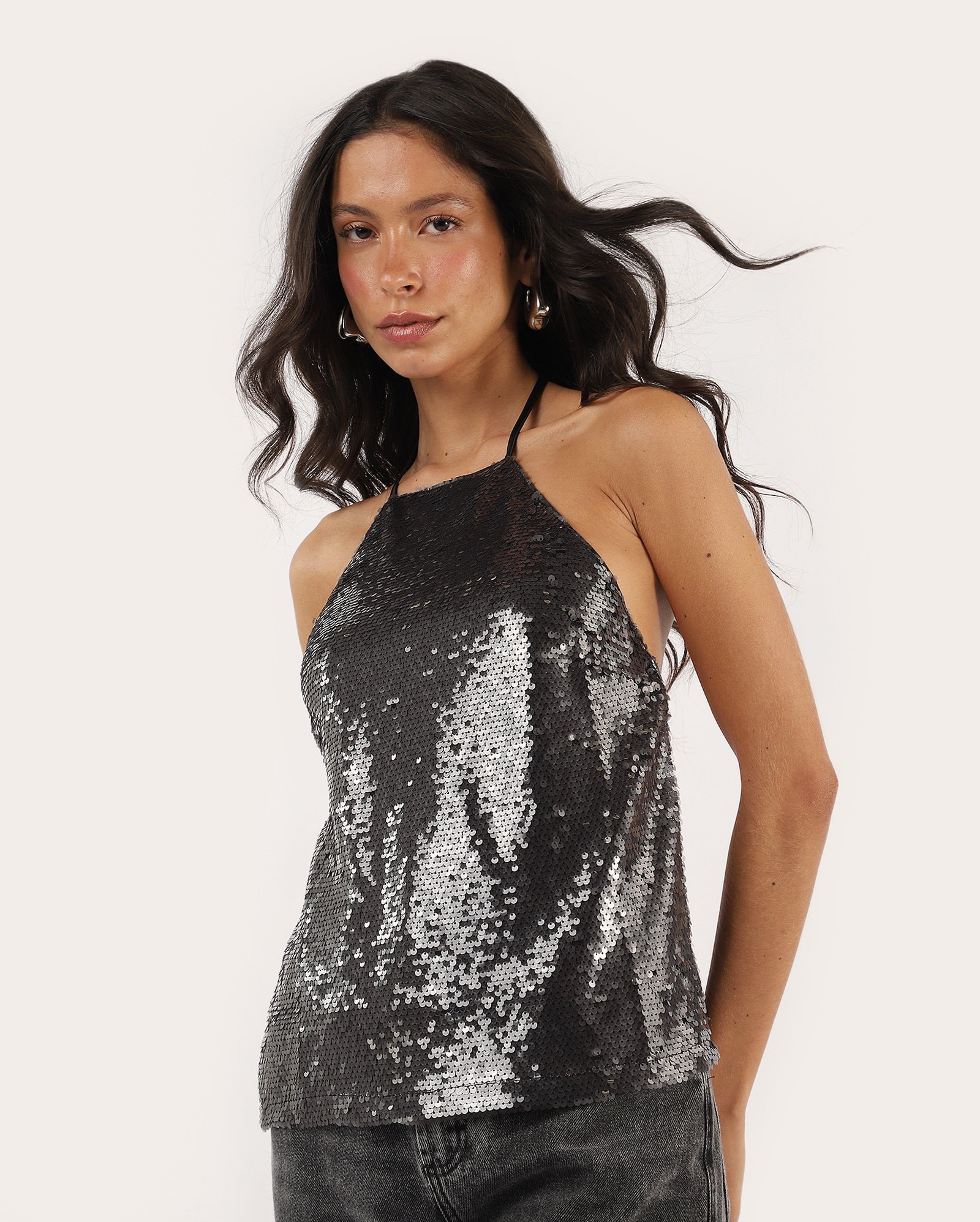 Regata feminina frente única com paetê - preta