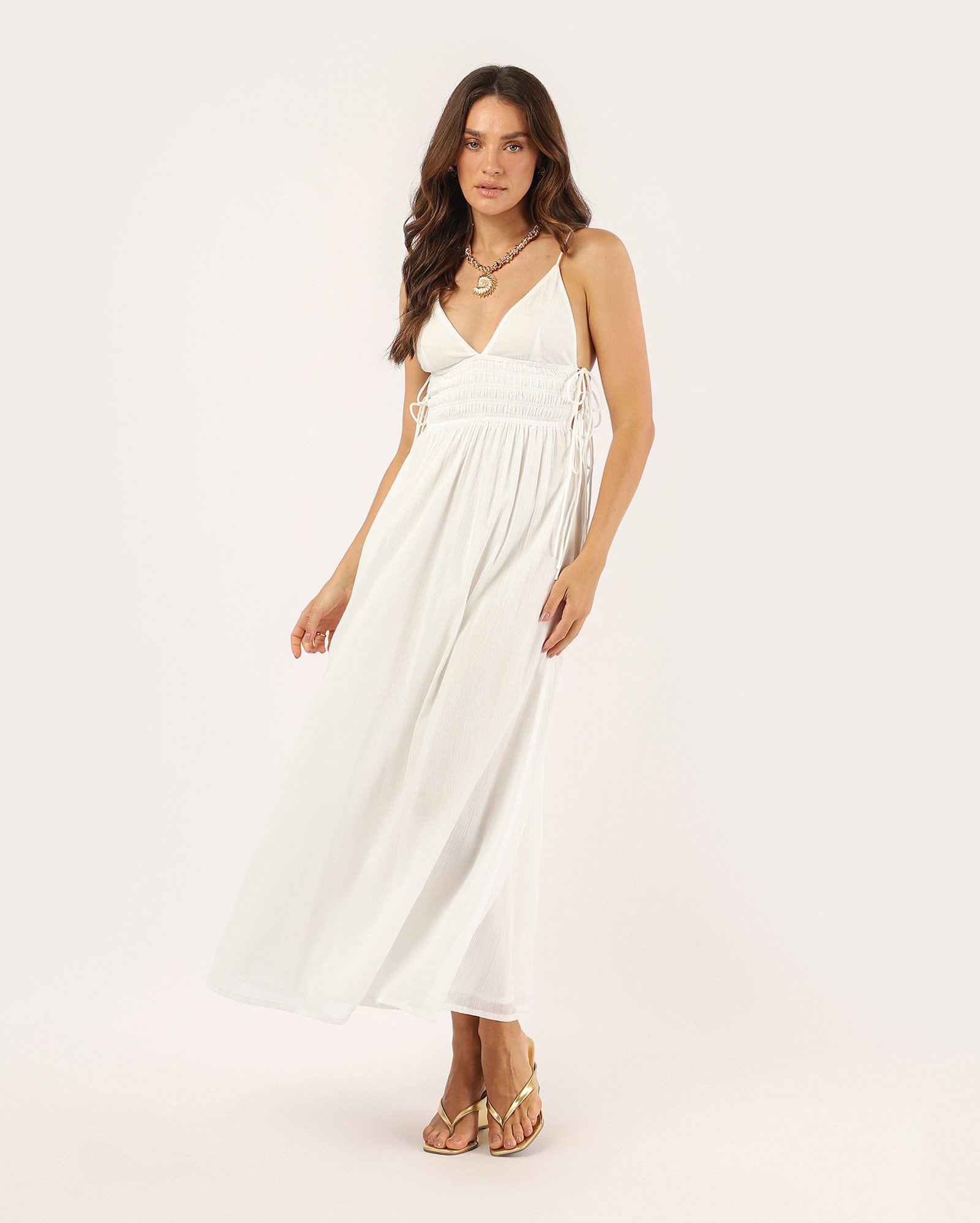 Vestido midi evasê com amarrações - Branco