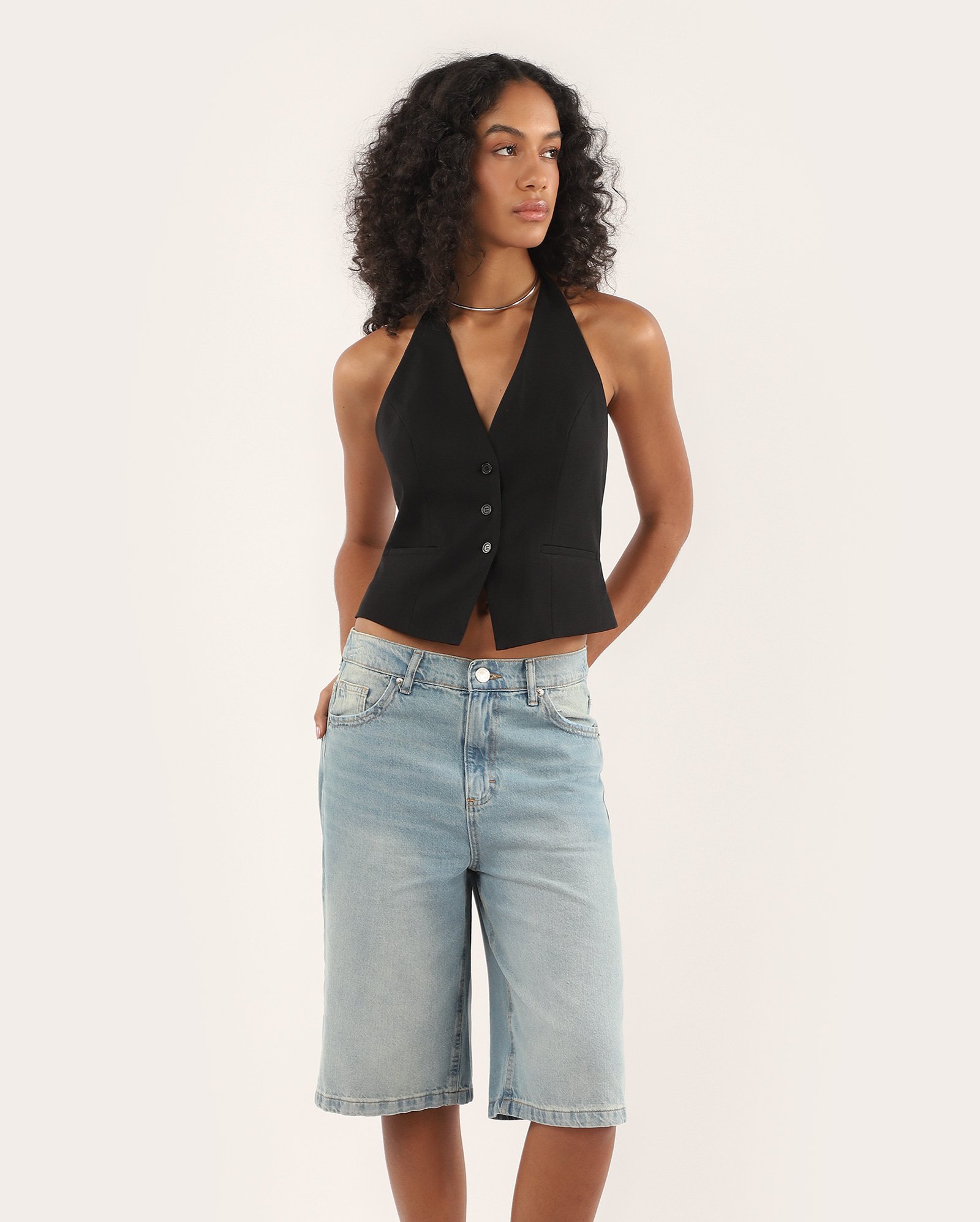 Jorts jeans feminino cintura alta estonada denim médio | Pool Jeans