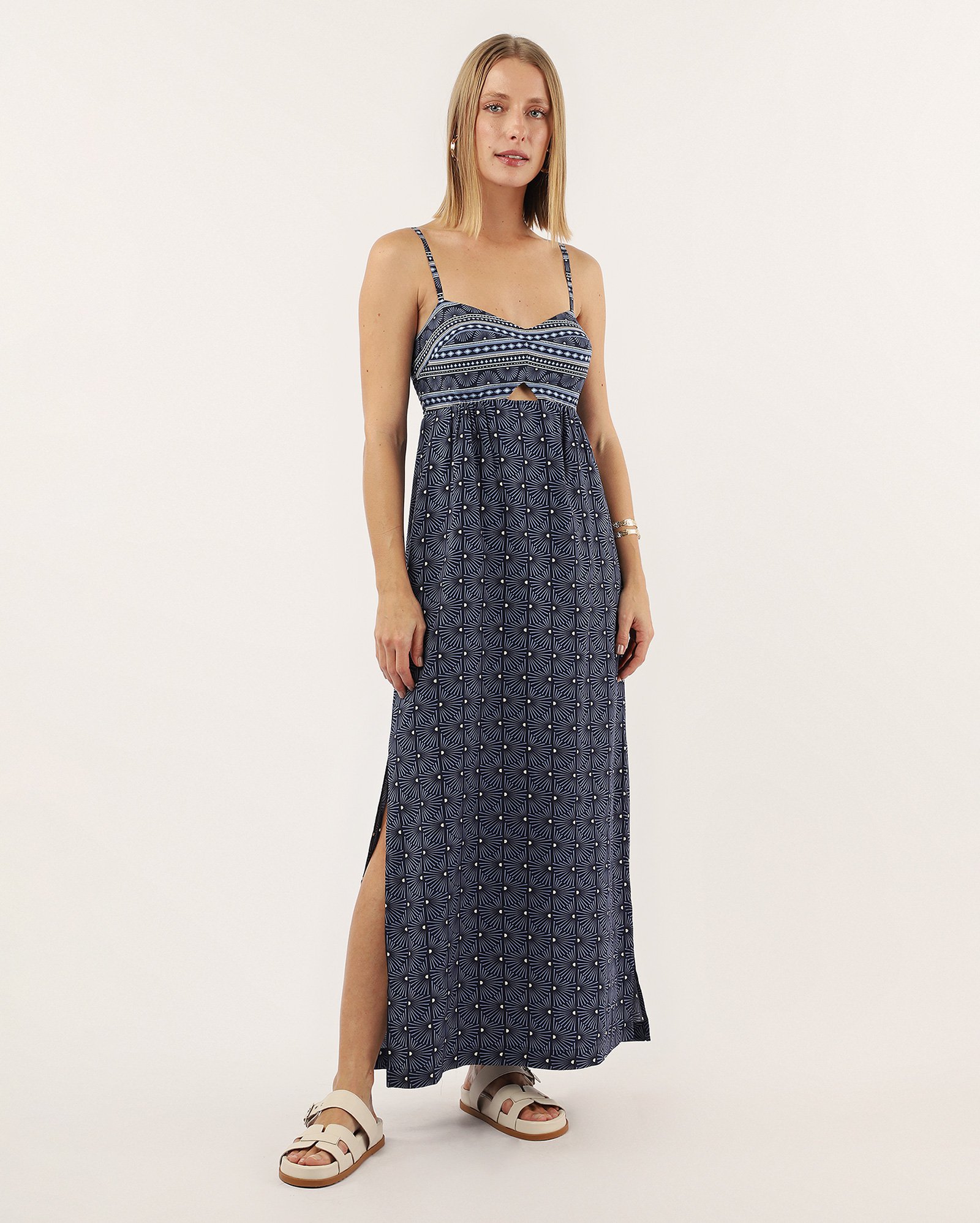 Vestido midi evasê em viscolinho com fenda azul | AK