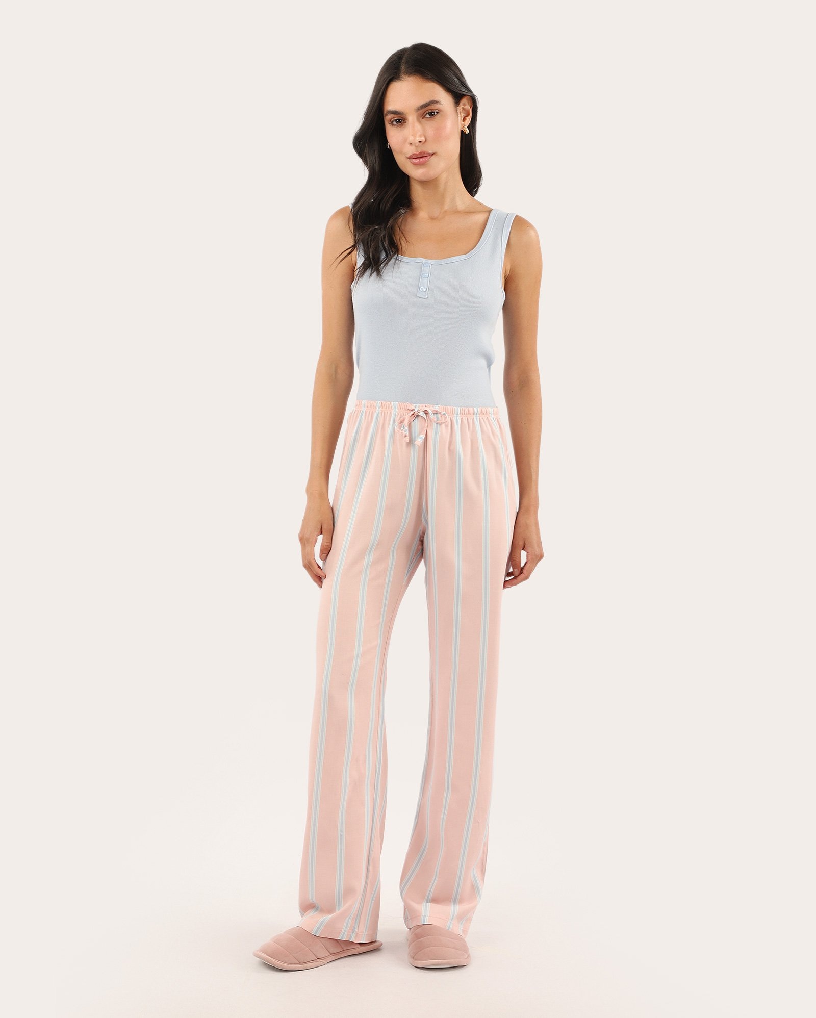 Calça pijama feminina em viscose listrada rosa