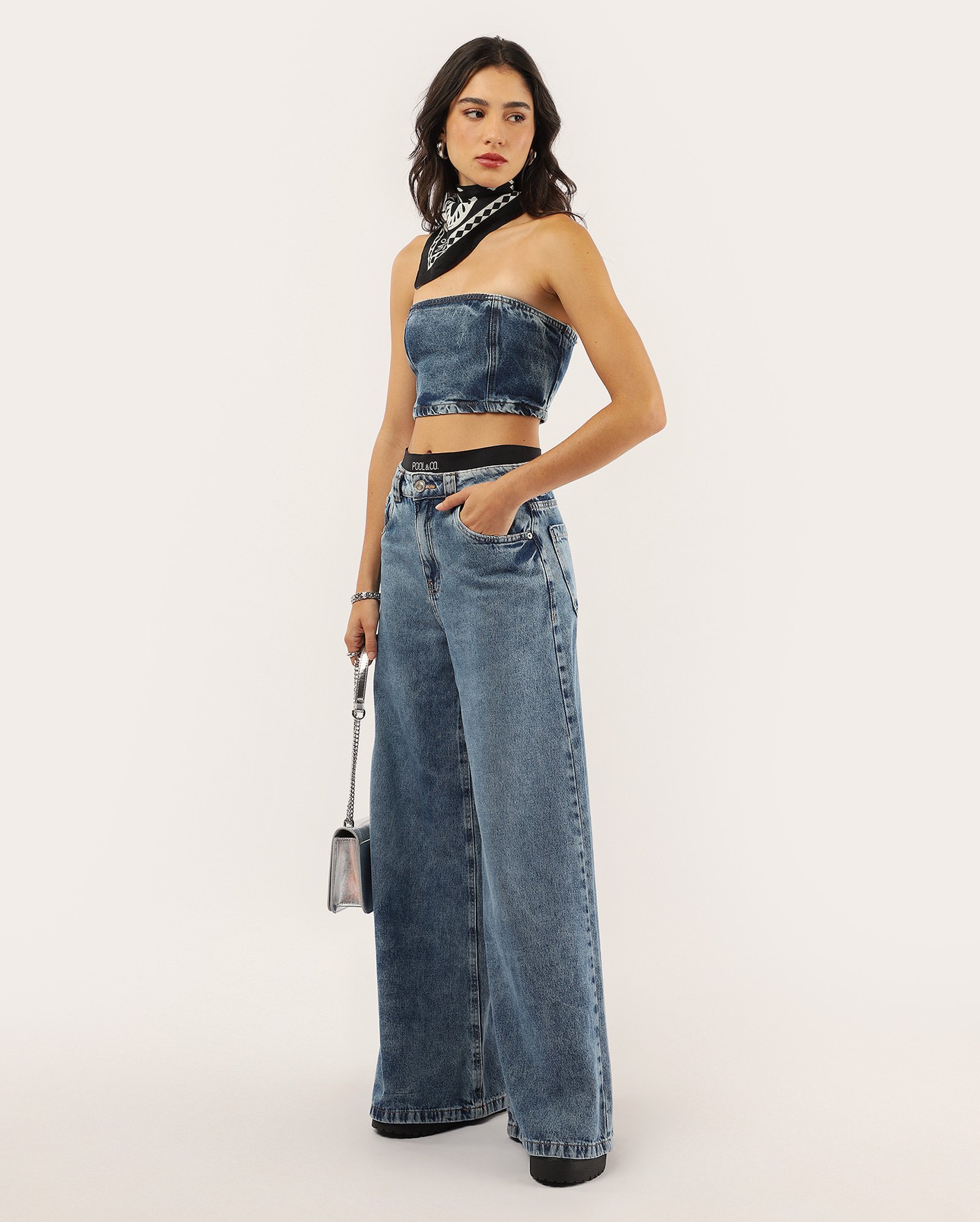 Top jeans corset com lastex denim médio | Pool Jeans