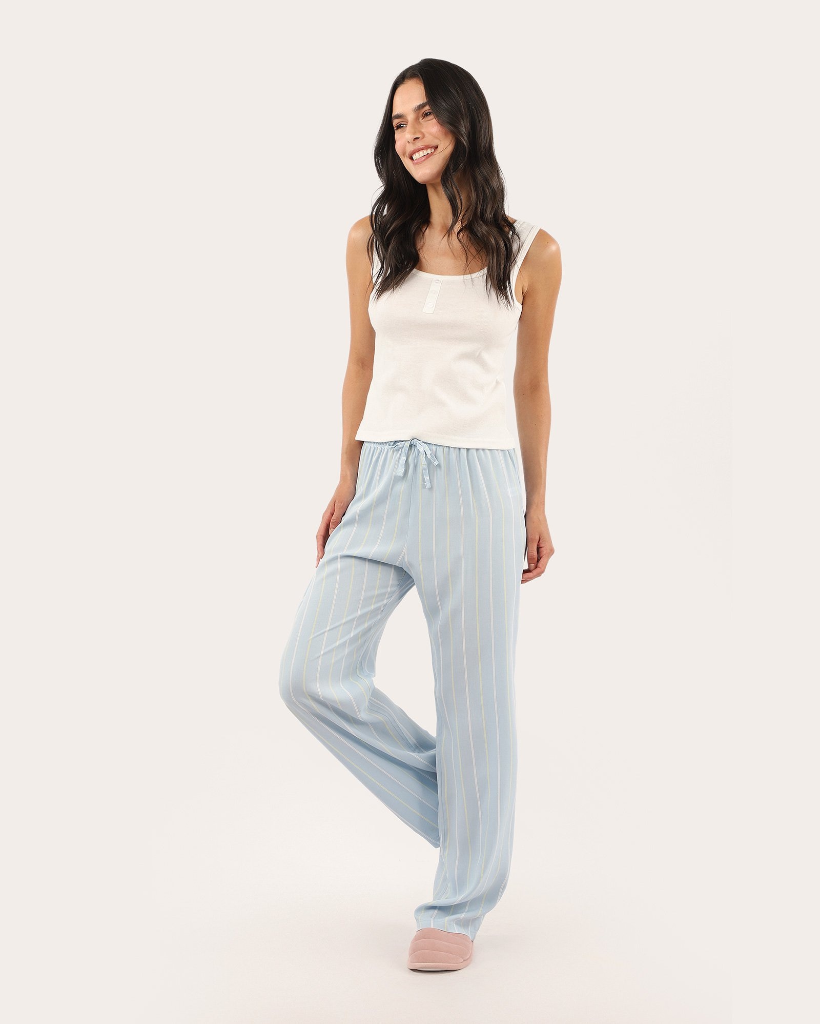 Calça de pijama feminina em viscose listrada azul