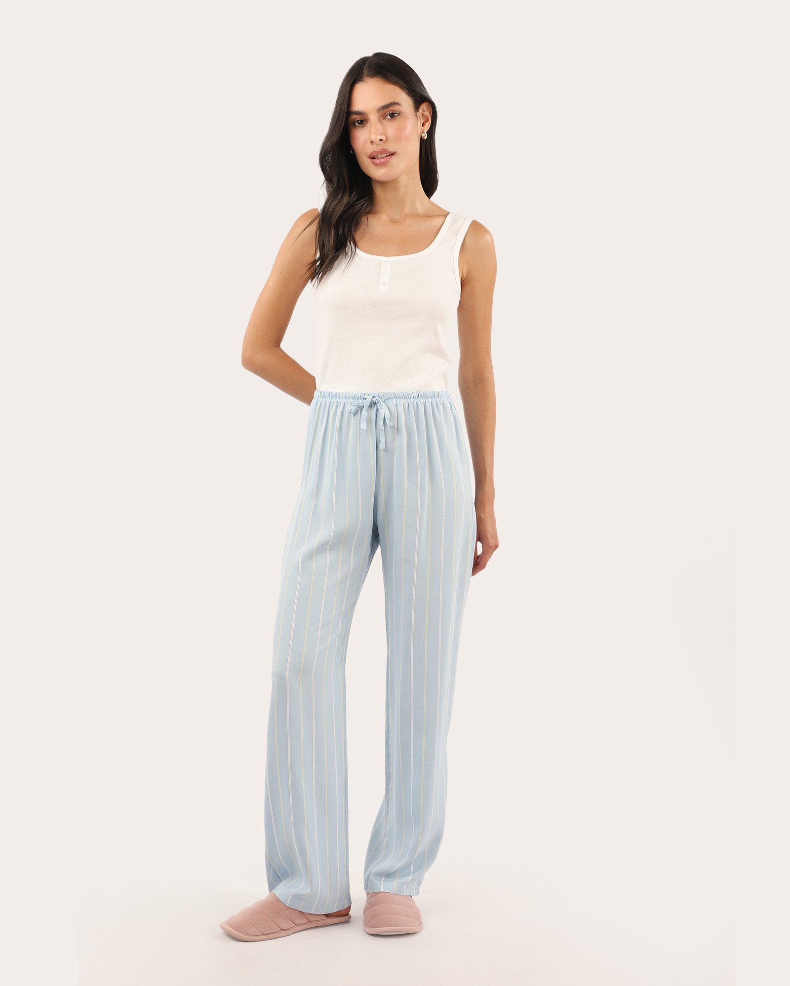 Calça de pijama feminina em viscose listrada azul