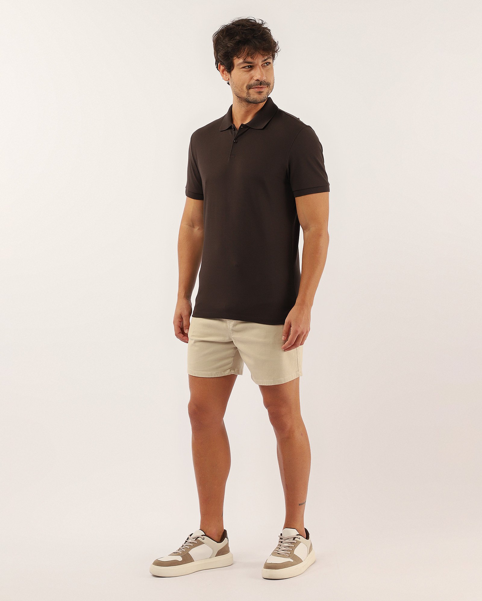 Camisa polo masculina slim algodão peruano - Marrom Escuro