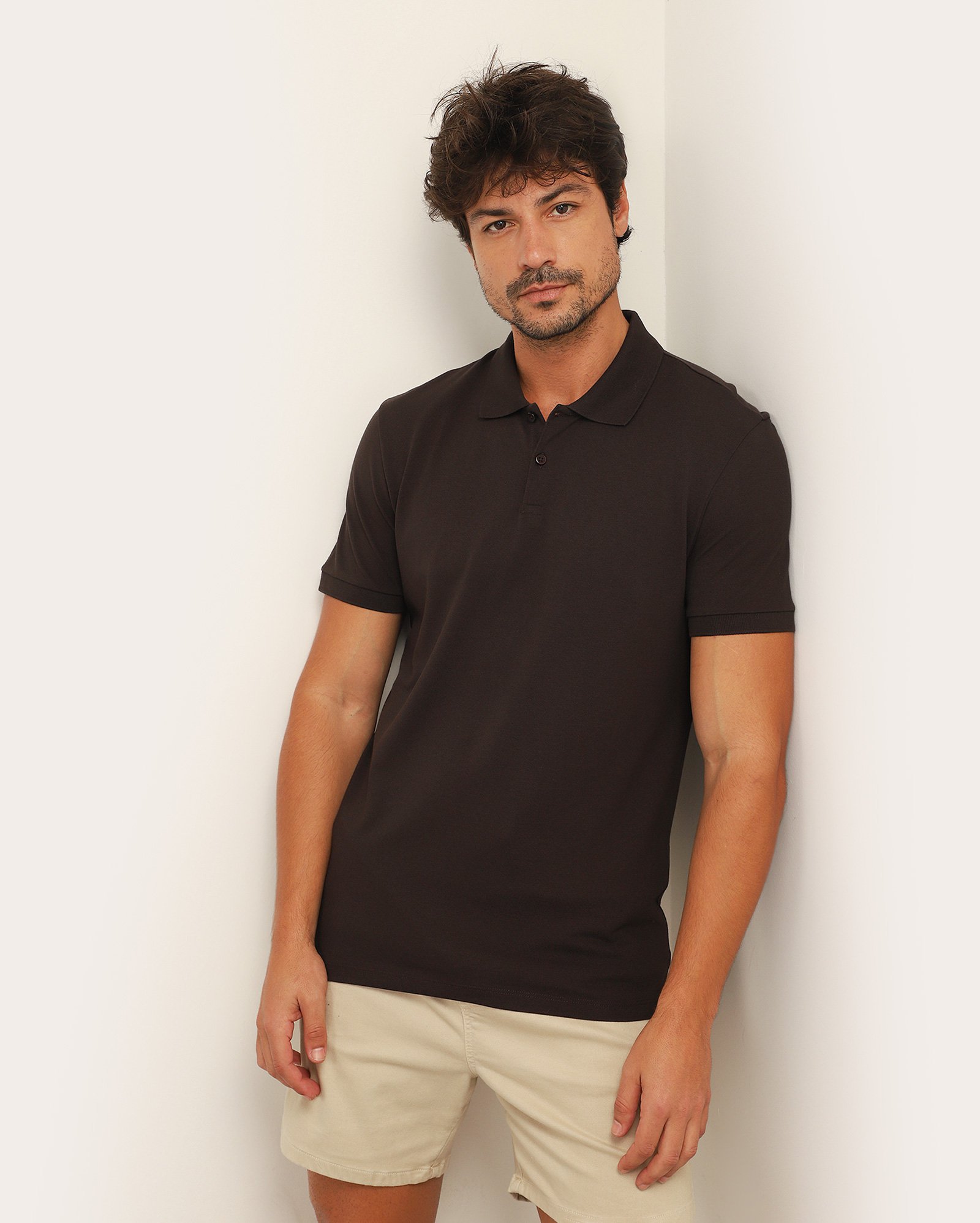 Camisa polo masculina slim algodão peruano - Marrom Escuro