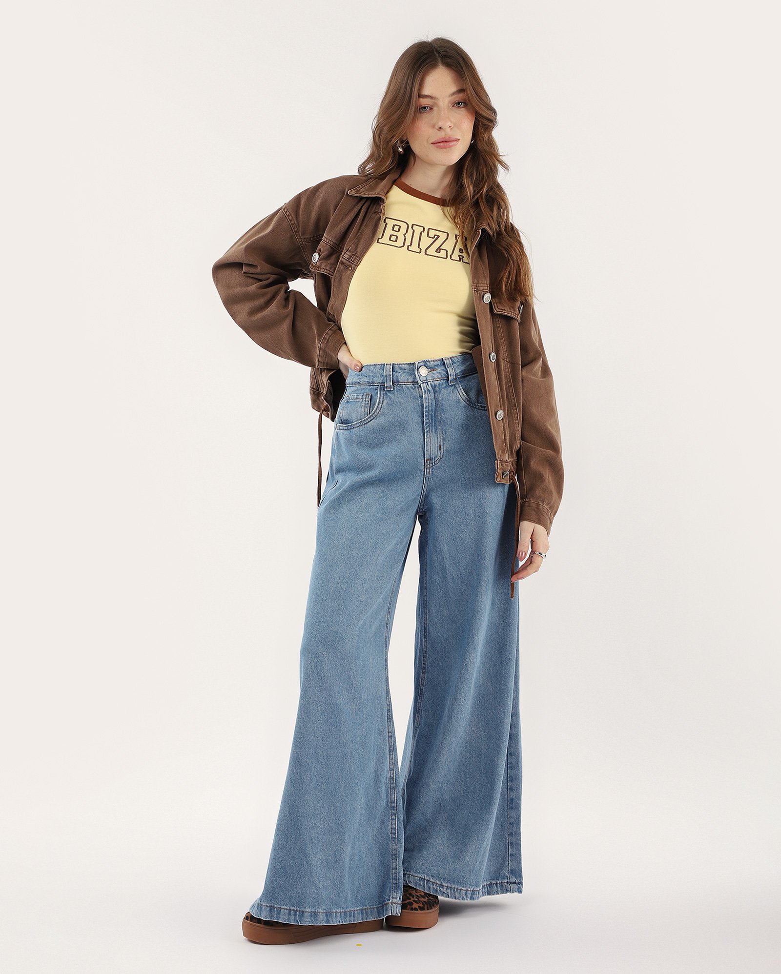 Calça jeans feminina palazzo cintura média denim médio | Pool Jeans