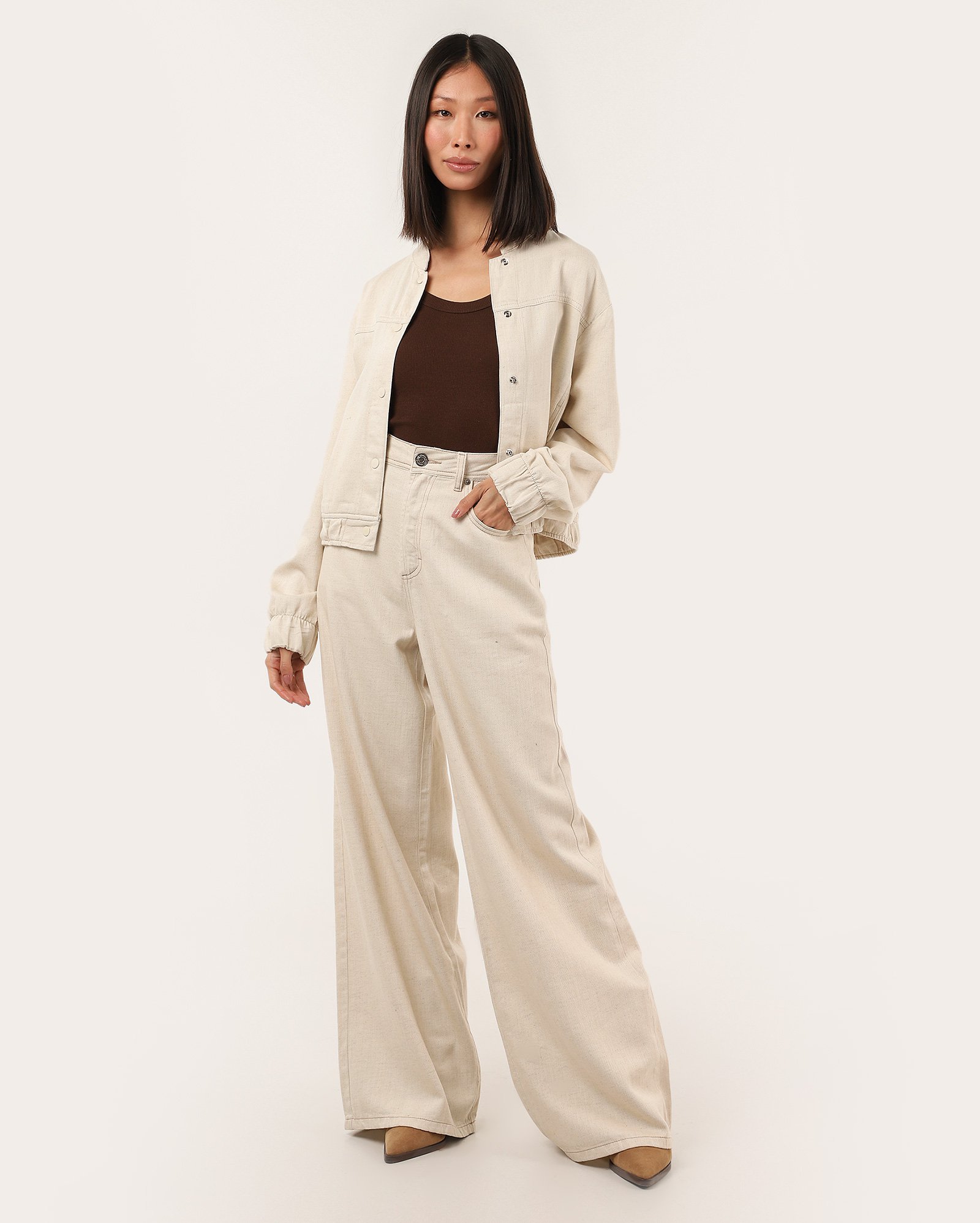 Calça sarja feminina wide leg cintura alta bege | Pool Jeans