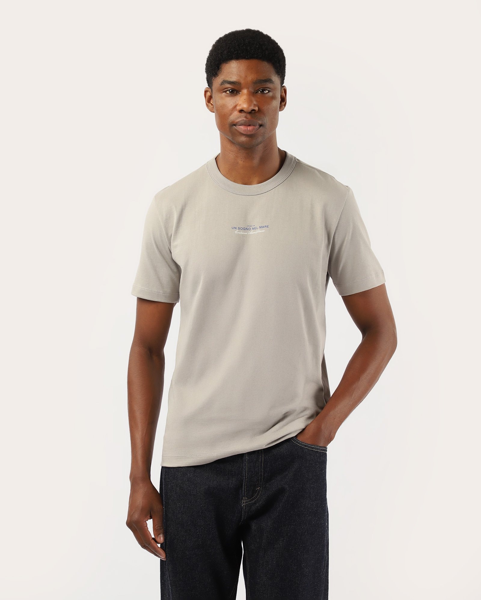 Camiseta masculina regular un sogno nel mare - cinza
