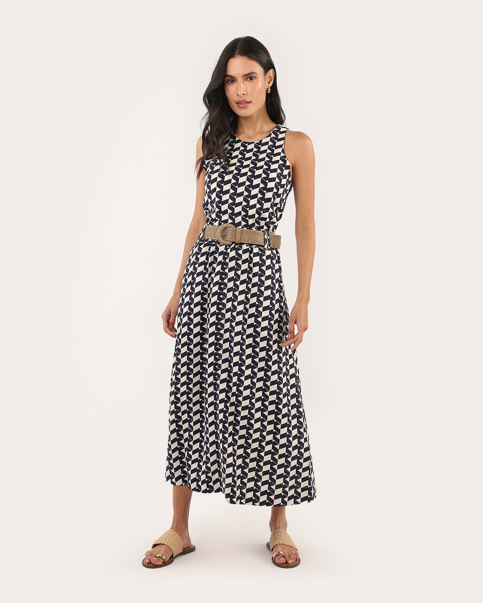 Saia midi evasê em viscolinho Jade estampada com cinto - Azul
