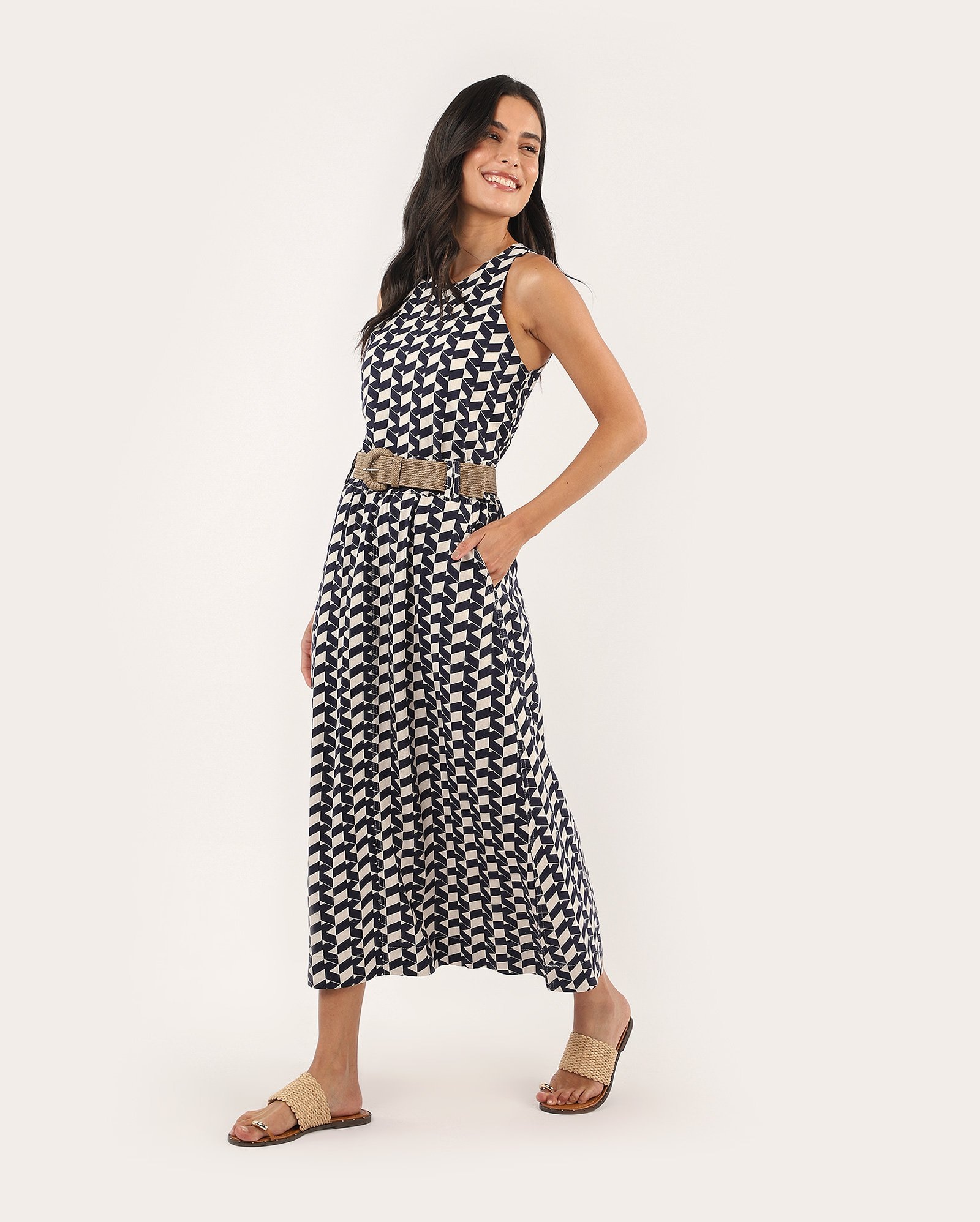 Saia midi evasê em viscolinho Jade estampada com cinto - Azul