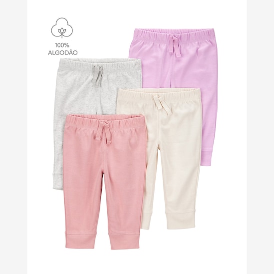 Kit calça bebê 4 peças cós elástico e laço multicor | Carter's