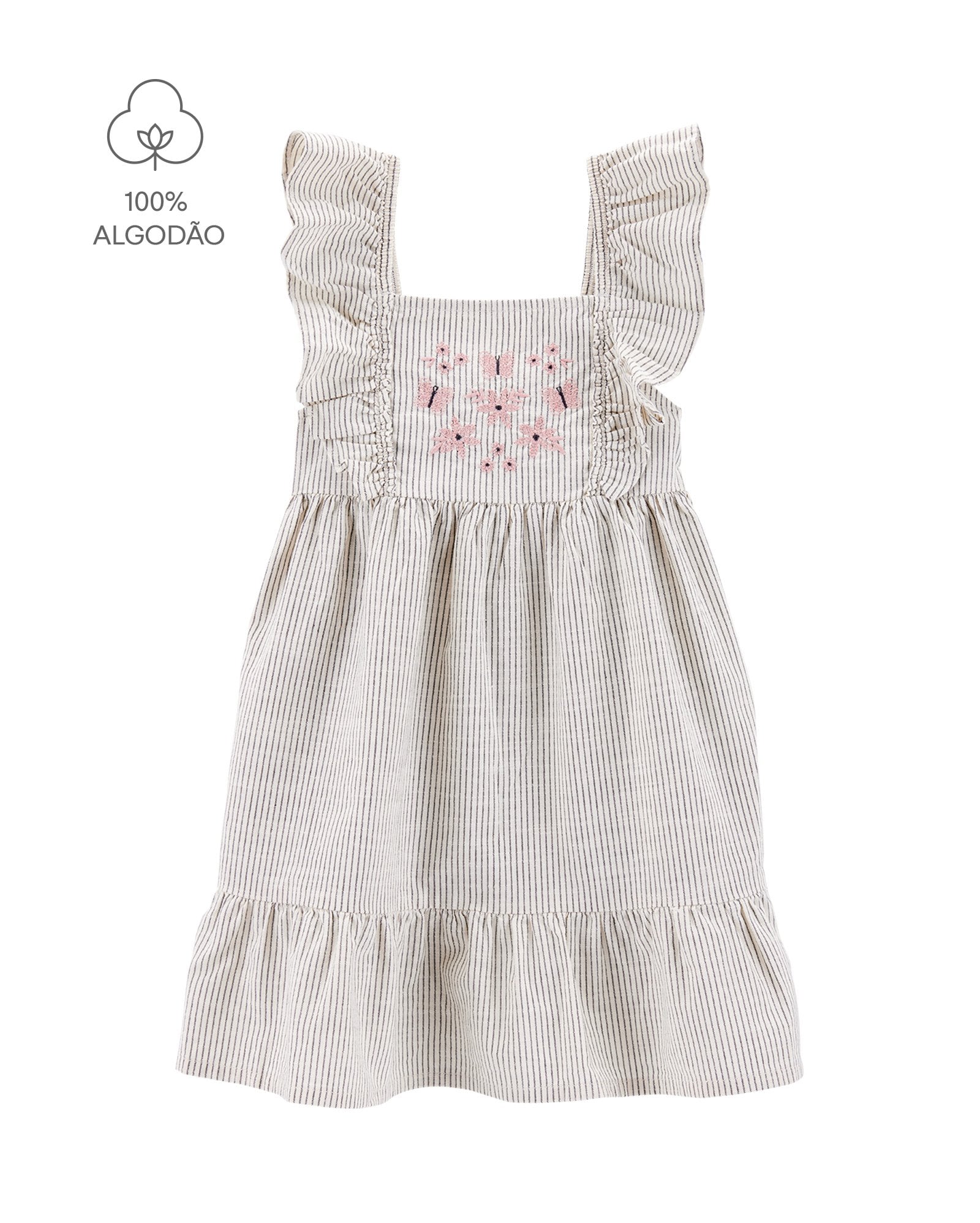 Vestido infantil evasê listrado com bordada off-white | Carter's