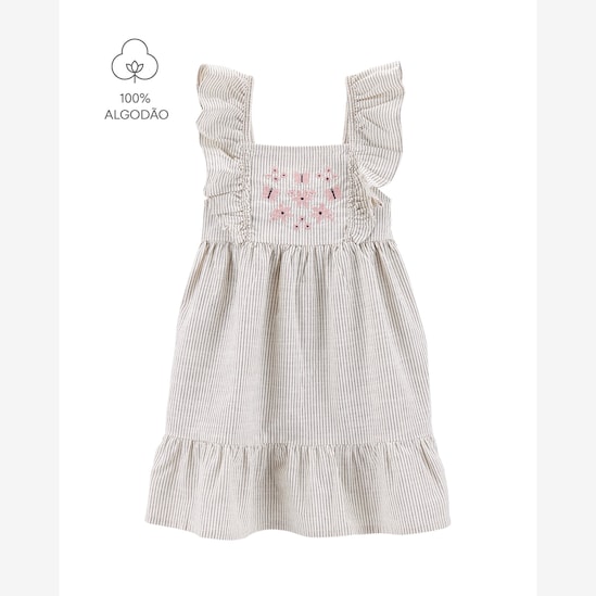 Vestido infantil evasê listrado com bordada off-white | Carter's