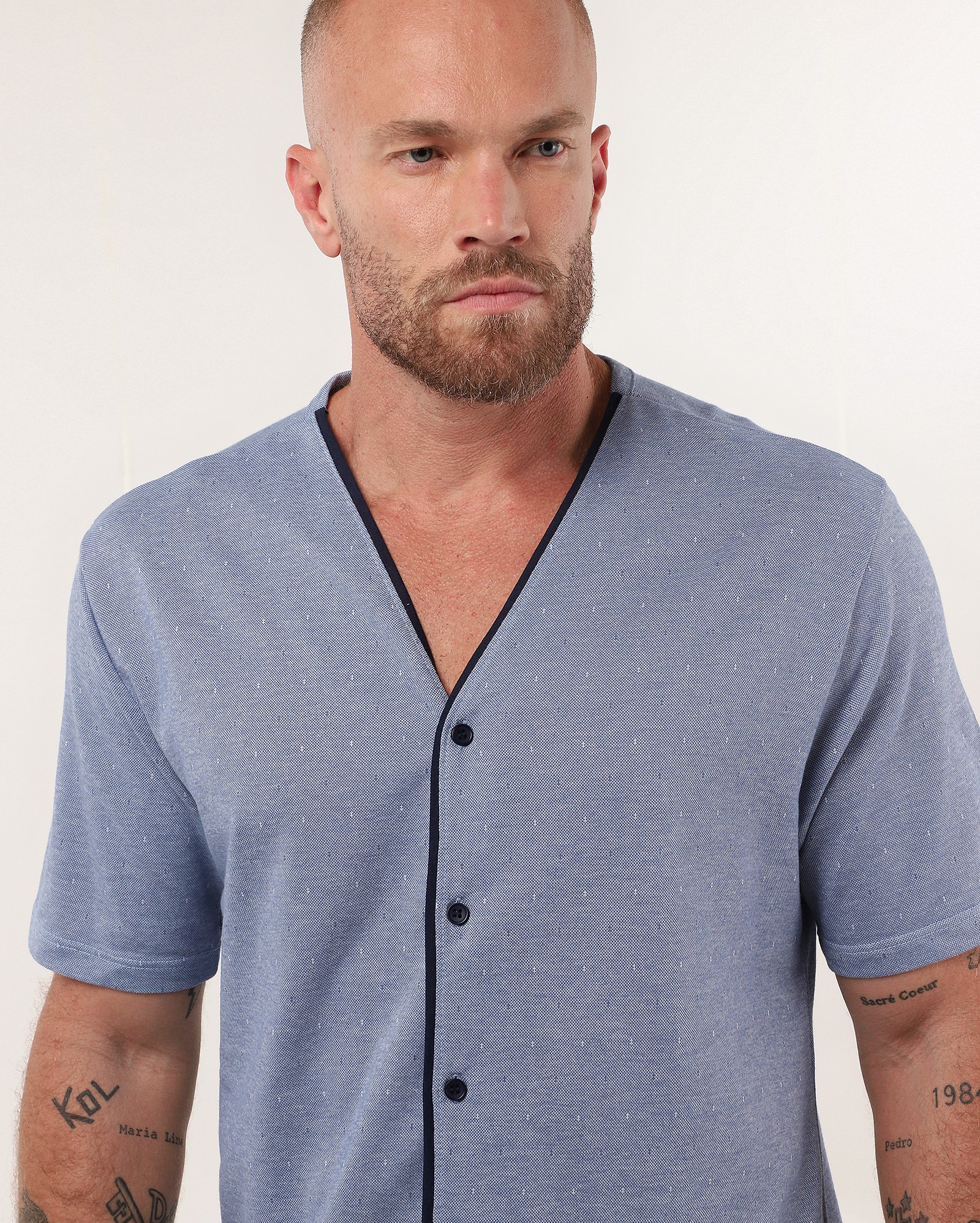 Pijama curto masculino americano presenteável com botões azul
