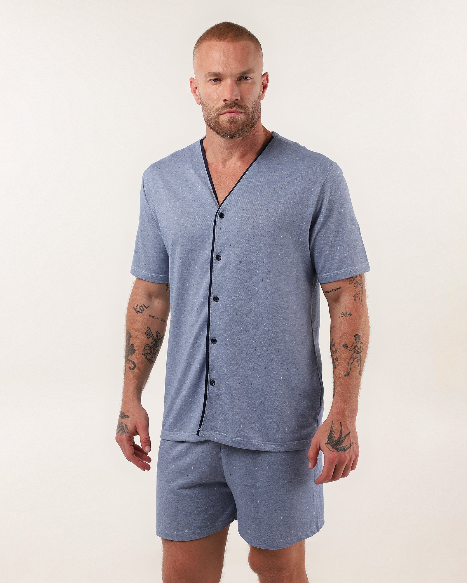 Pijama curto masculino americano presenteável com botões azul