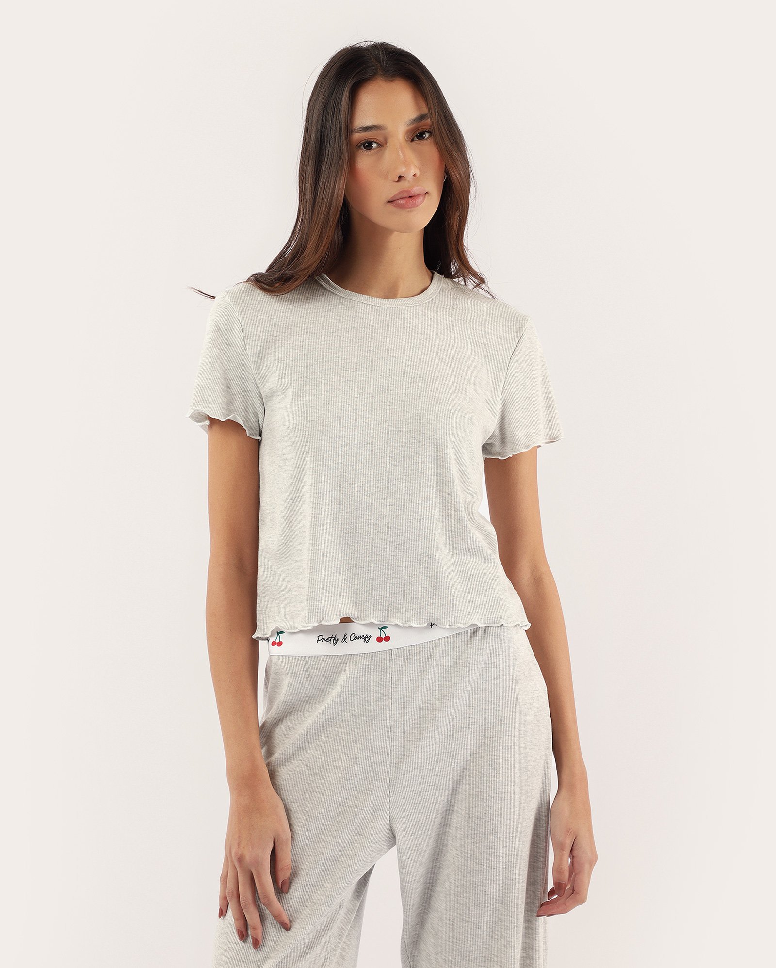 Pijama longo feminino mesclado cereja cinza