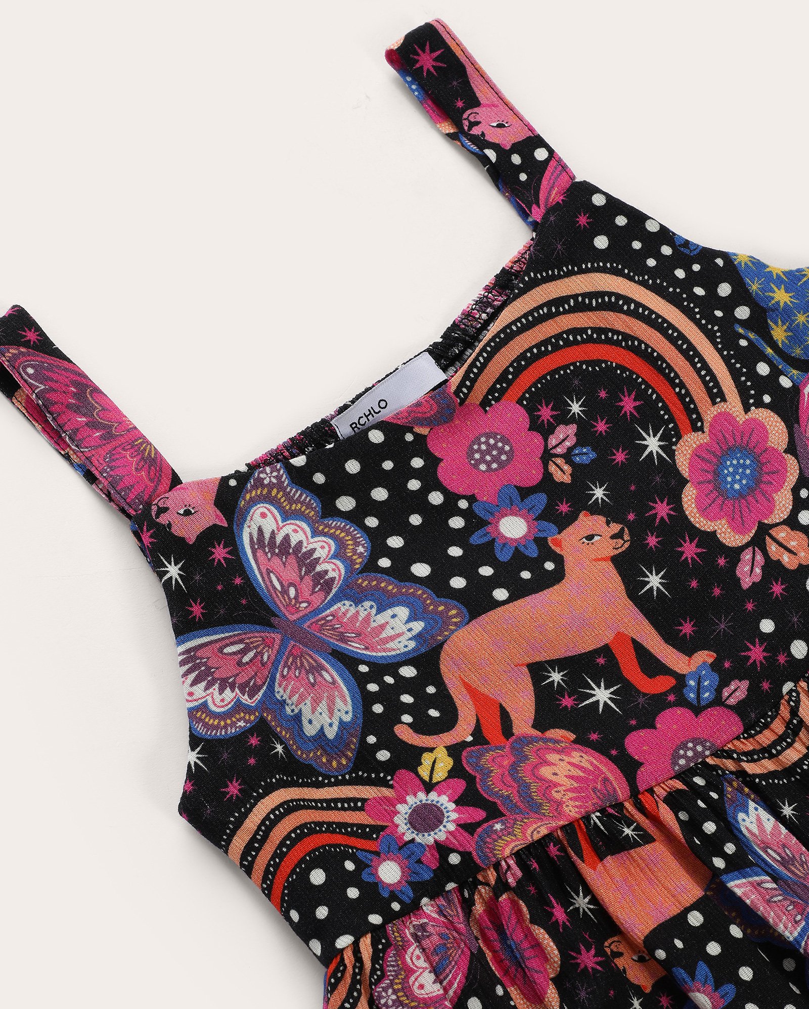 Vestido infantil evasê estampado com lastex  4-10A preto