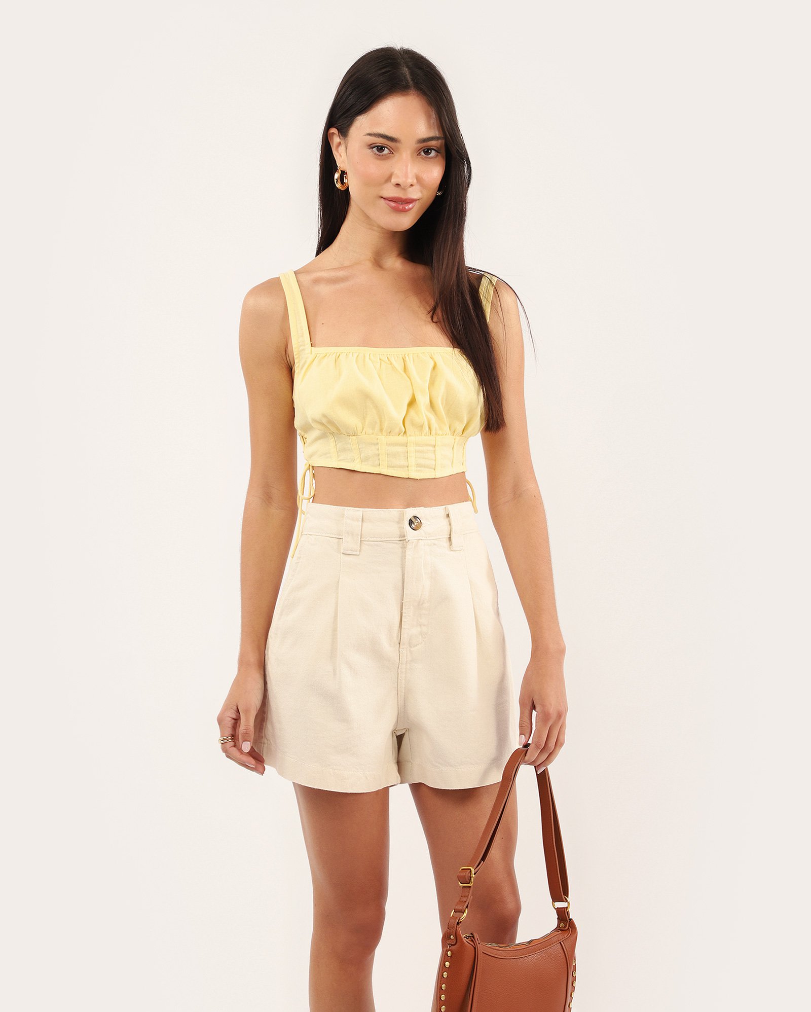 Short sarja feminino chino cintura alta alfaiatado - Bege Claro | Pool Jeans
