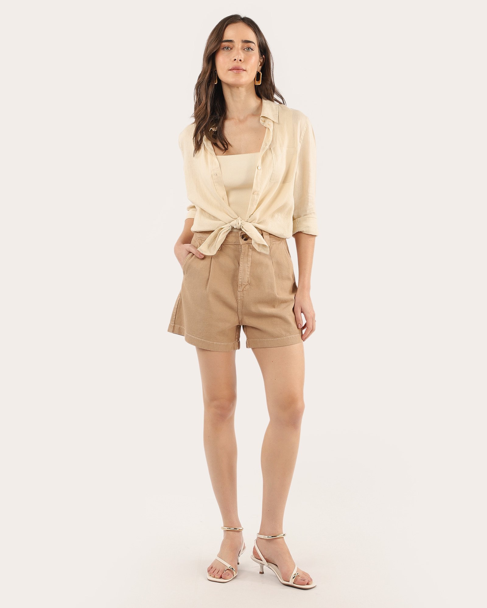 Short sarja feminino chino cintura alta alfaiatado - Bege | Pool Jeans