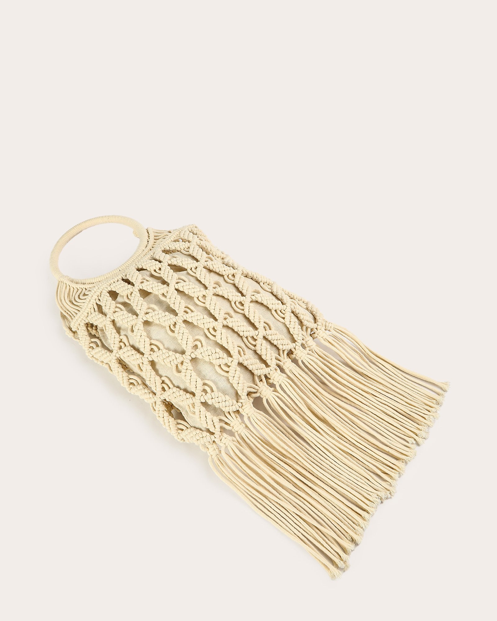 Bolsa de praia tote macramê com franjas - off-white