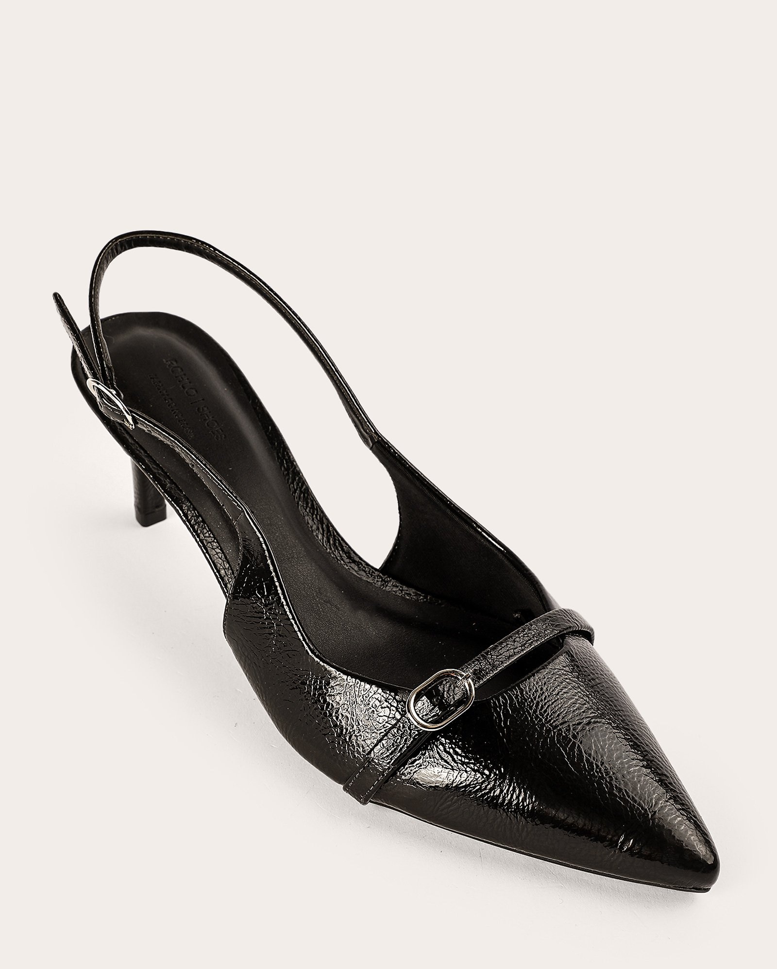 Sapato scarpin slingback de verniz salto médio fino preto | Riachuelo